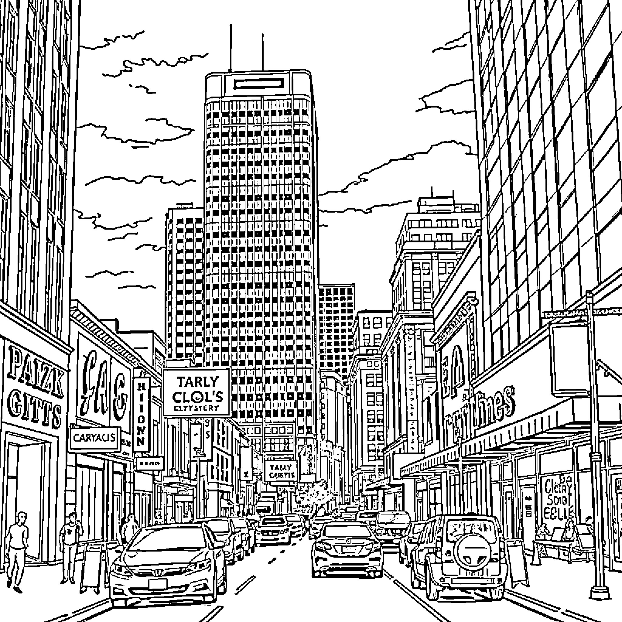 Oklahoma City Bustling Urban Landscape with Skyscrapers Coloring Page (free black-and-white line drawing printable PDF for all, from beginners to advanced learners, including children, teens, adults, and seniors)