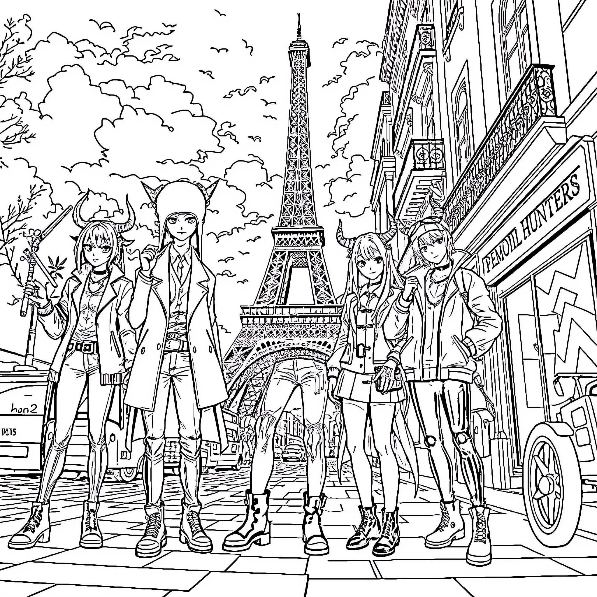 Demon Hunter Anime Characters in Paris Coloring Page (free black-and-white line drawing printable PDF for all, from beginners to advanced learners, including children, teens, adults, and seniors)