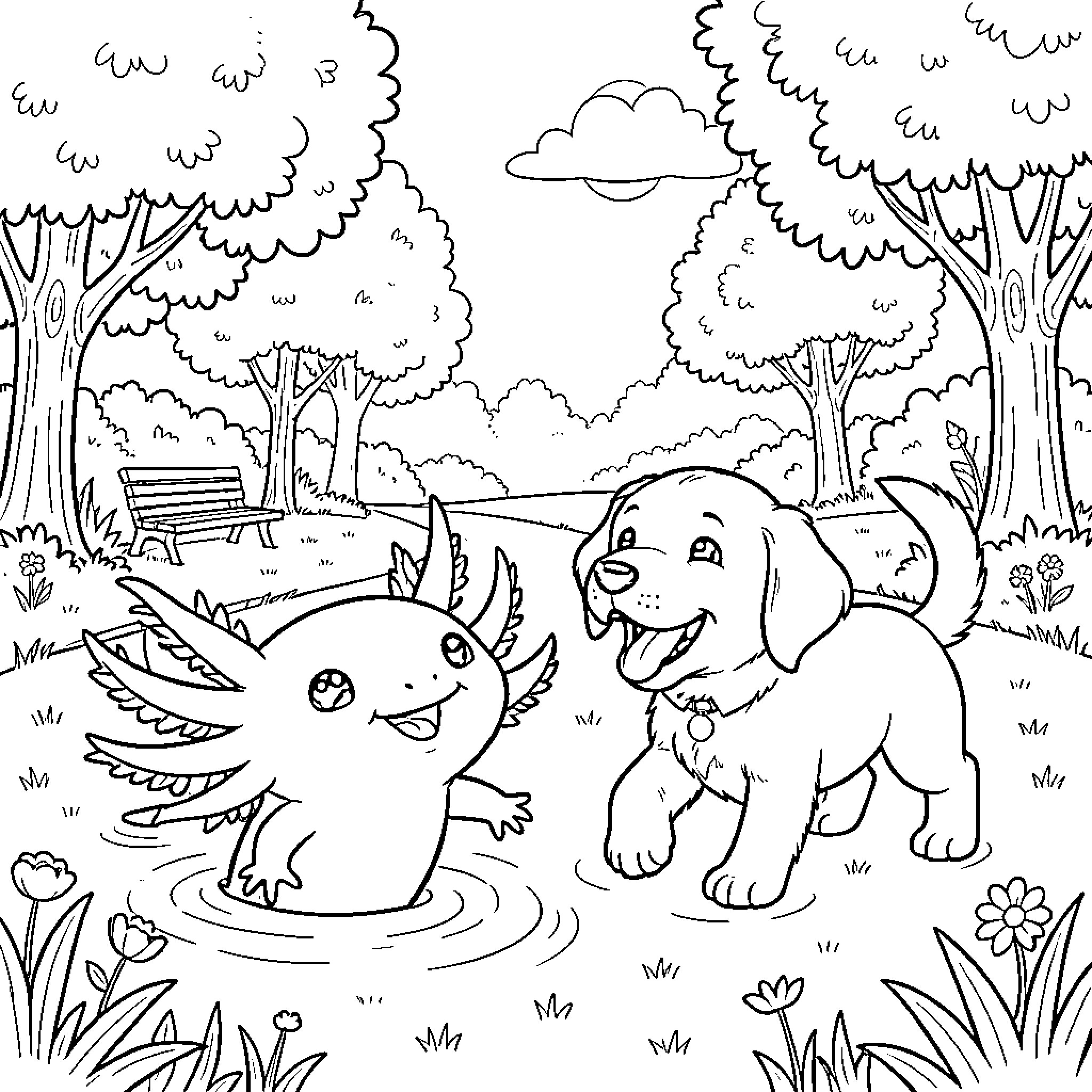 Axolotl smiling and playing with a happy puppy Coloring Page (free black-and-white line drawing printable PDF for all, from beginners to advanced learners, including children, teens, adults, and seniors)