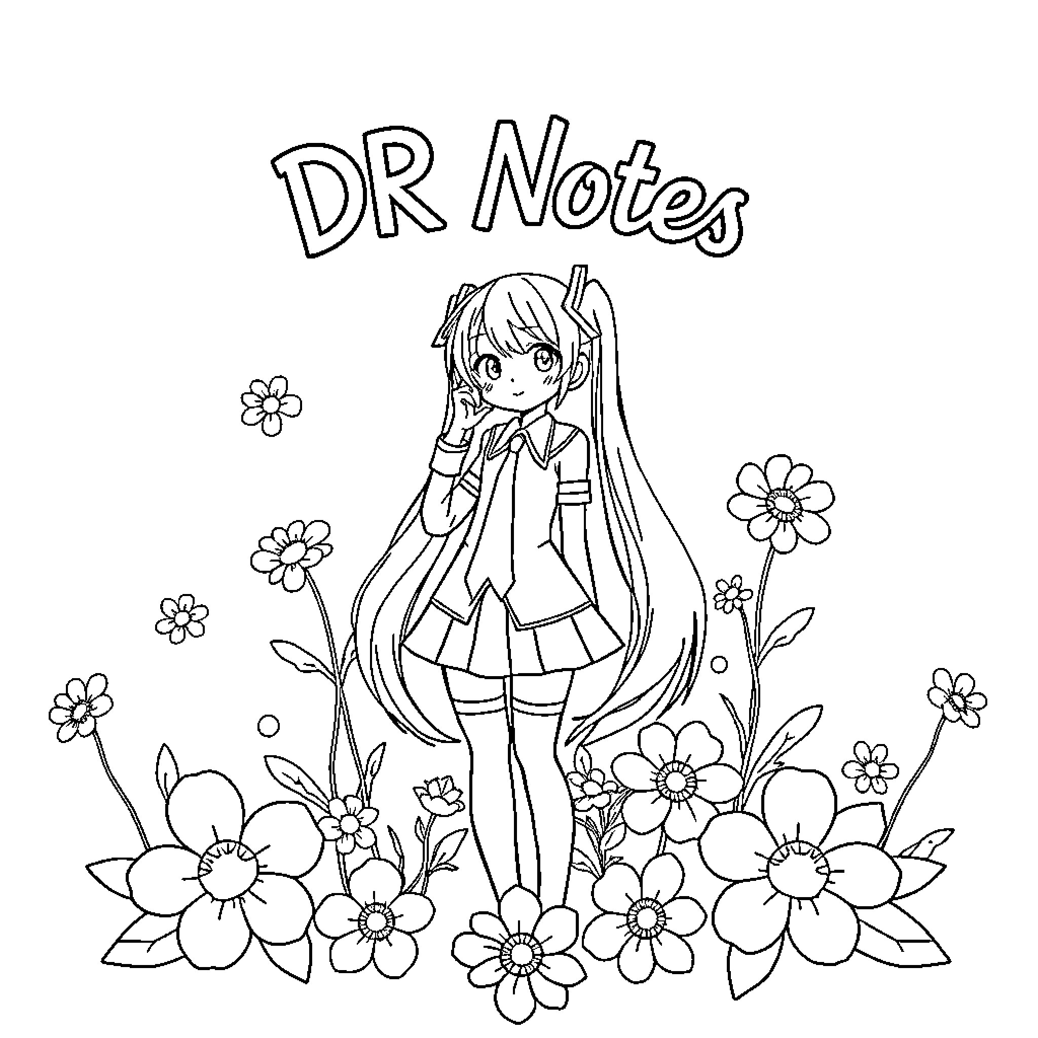 Hatsune Miku holding her notepad among flowers Coloring Page (free black-and-white line drawing printable PDF for all, from beginners to advanced learners, including children, teens, adults, and seniors)
