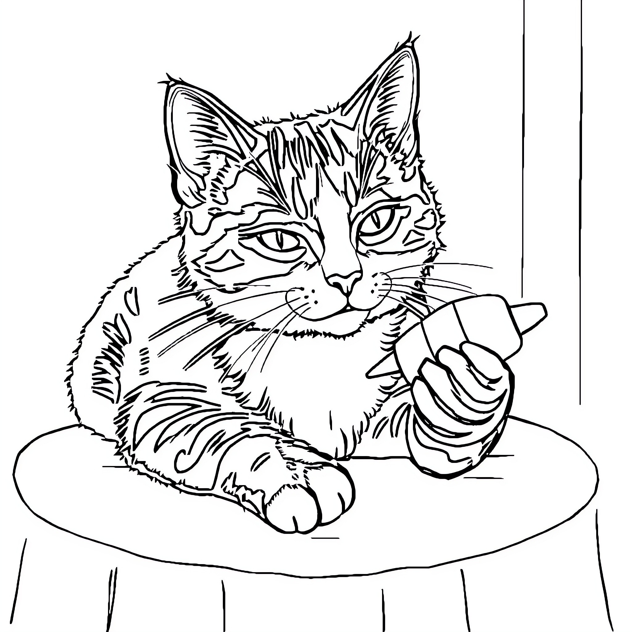 Cat lounging on a surface Coloring Page (free black-and-white line drawing printable PDF for all, from beginners to advanced learners, including children, teens, adults, and seniors)