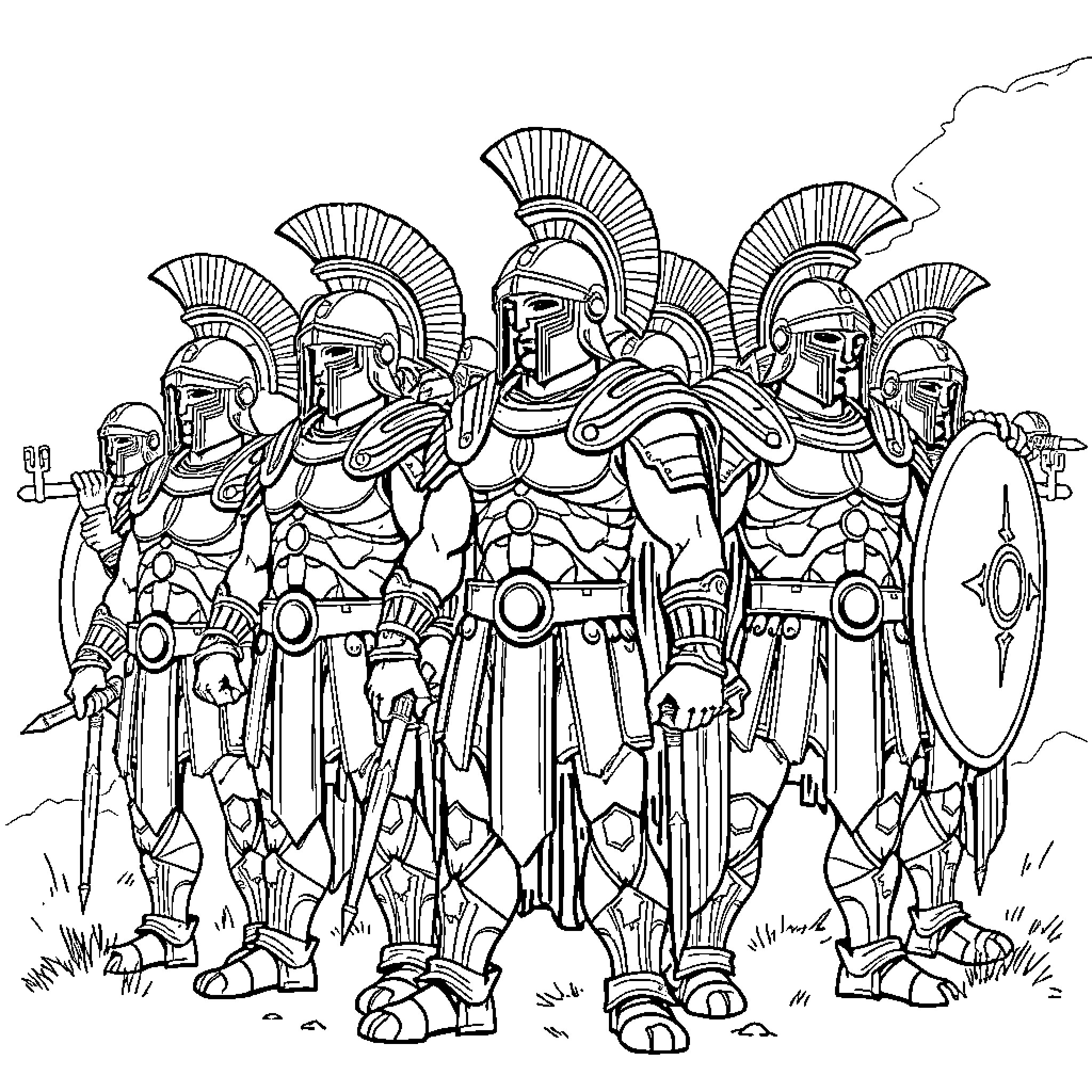 Spartan Warriors Standing in Formation Coloring Page (free black-and-white line drawing printable PDF for all, from beginners to advanced learners, including children, teens, adults, and seniors)