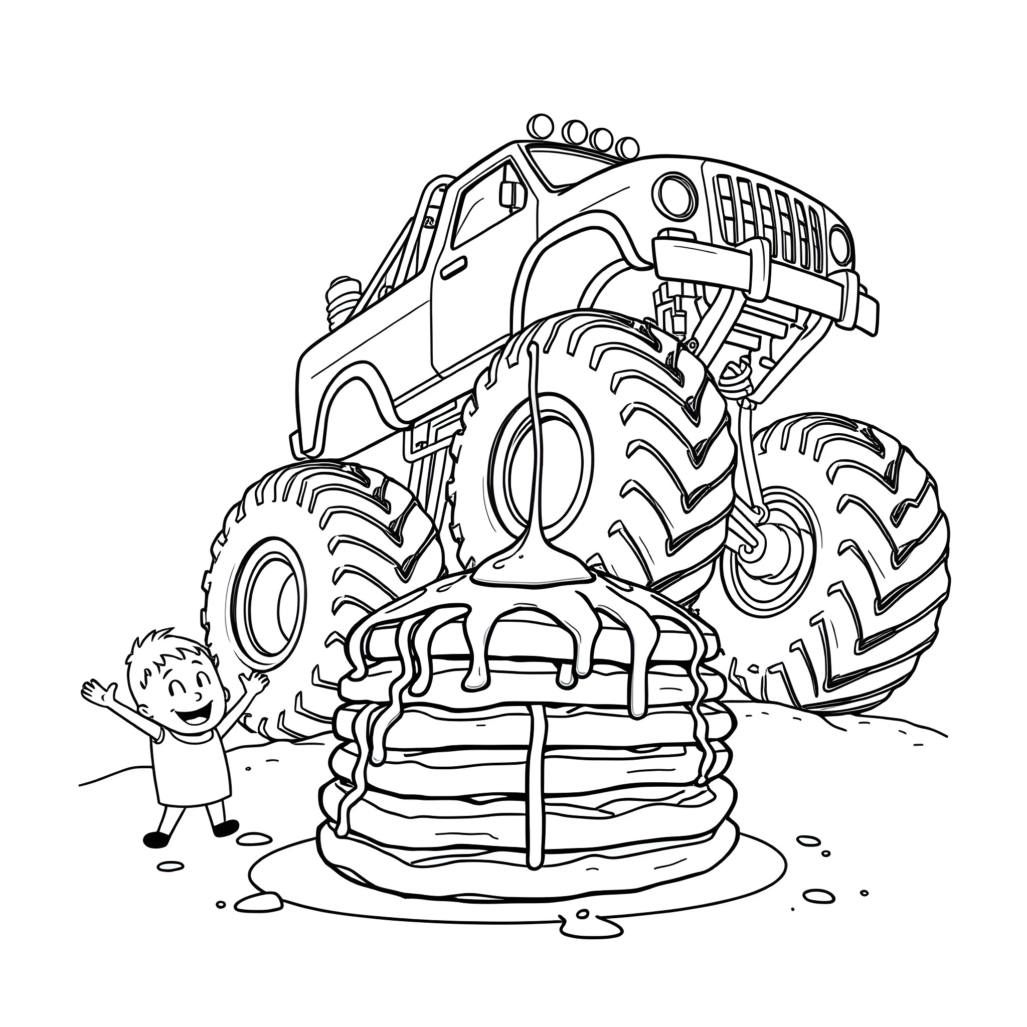 Monster Truck Crushing Large Pancakes Coloring Page (free black-and-white line drawing printable PDF for all, from beginners to advanced learners, including children, teens, adults, and seniors)