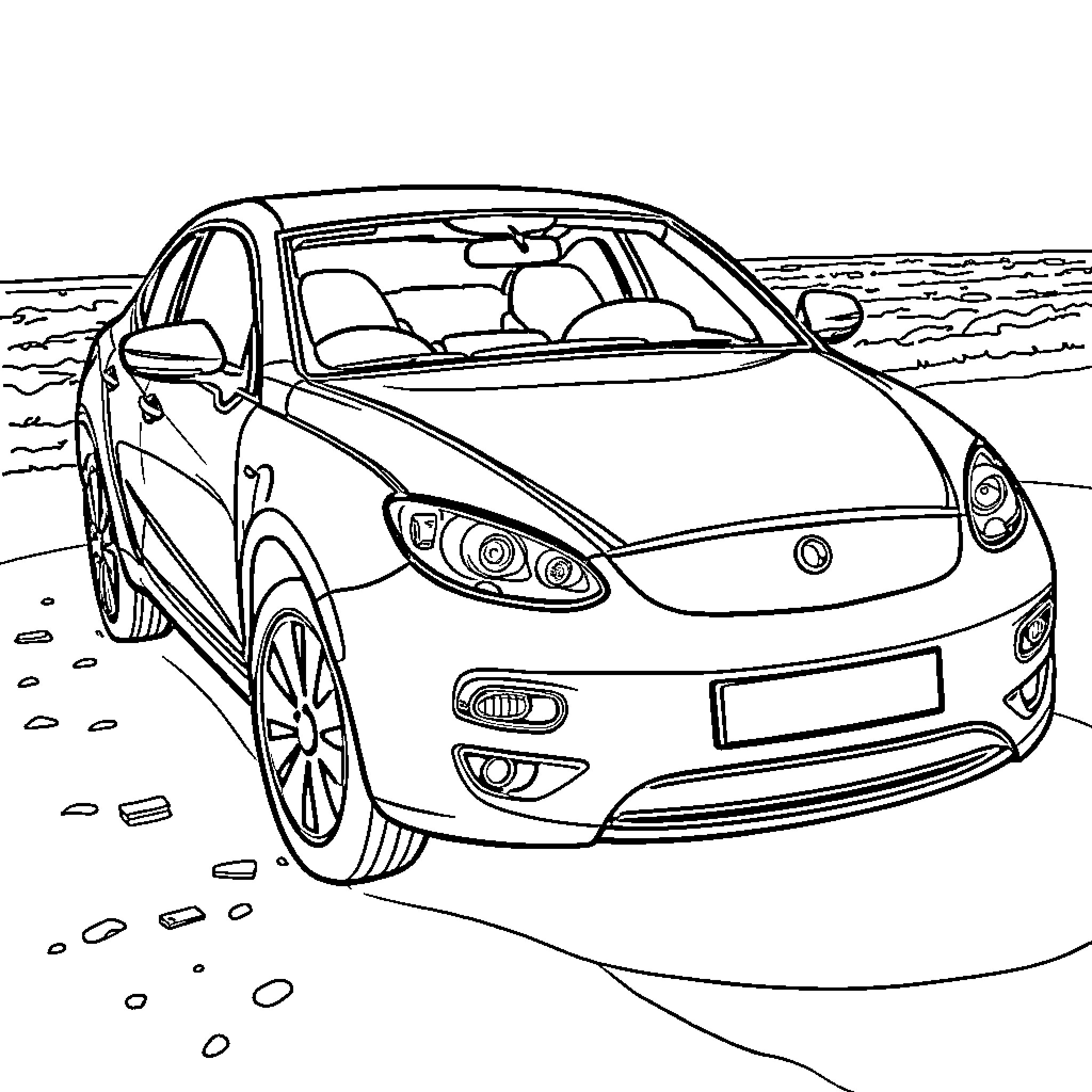 Car parked on the beach Coloring Page (free black-and-white line drawing printable PDF for all, from beginners to advanced learners, including children, teens, adults, and seniors)