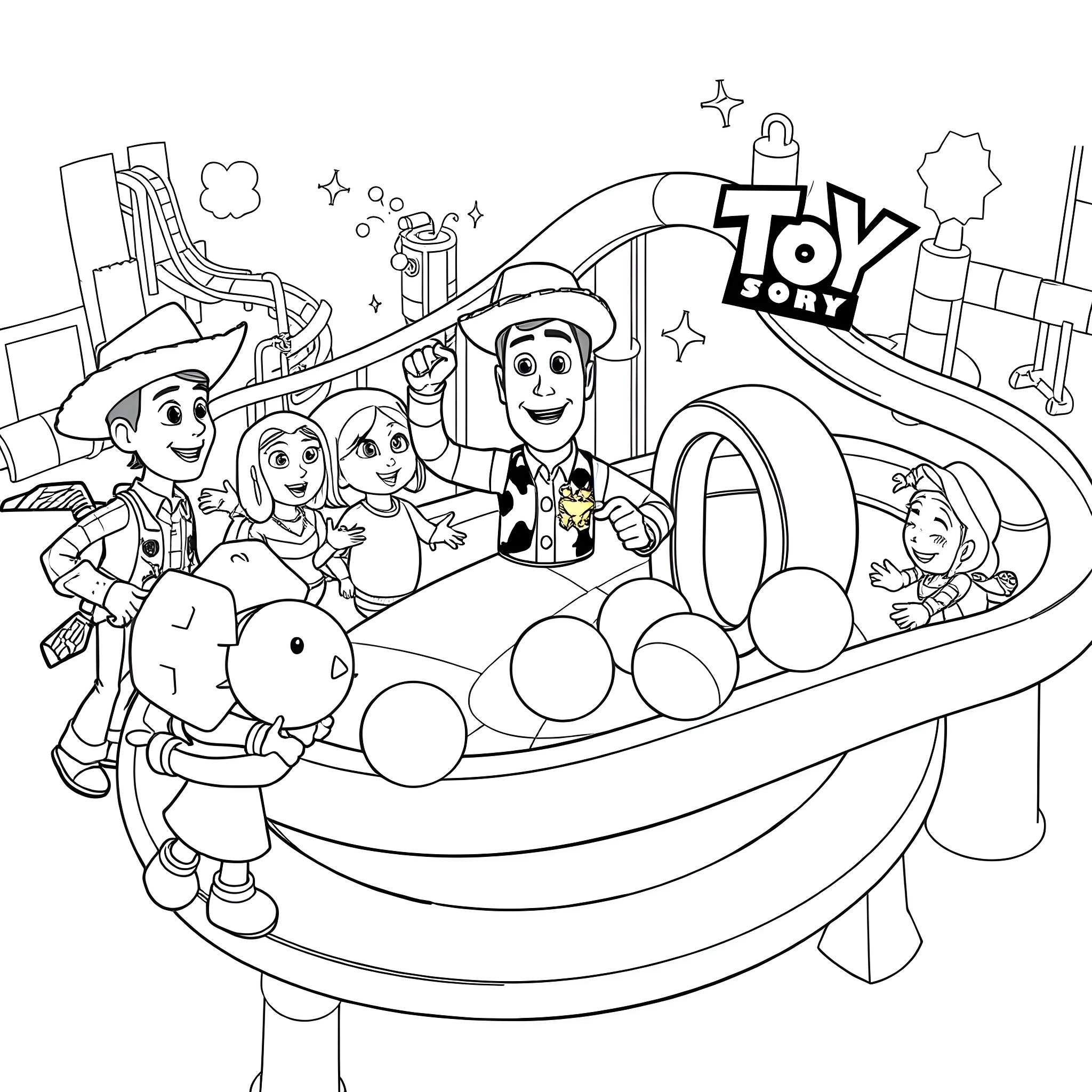 Toy Story characters enjoying a theme park ride Coloring Page (free black-and-white line drawing printable PDF for all, from beginners to advanced learners, including children, teens, adults, and seniors)