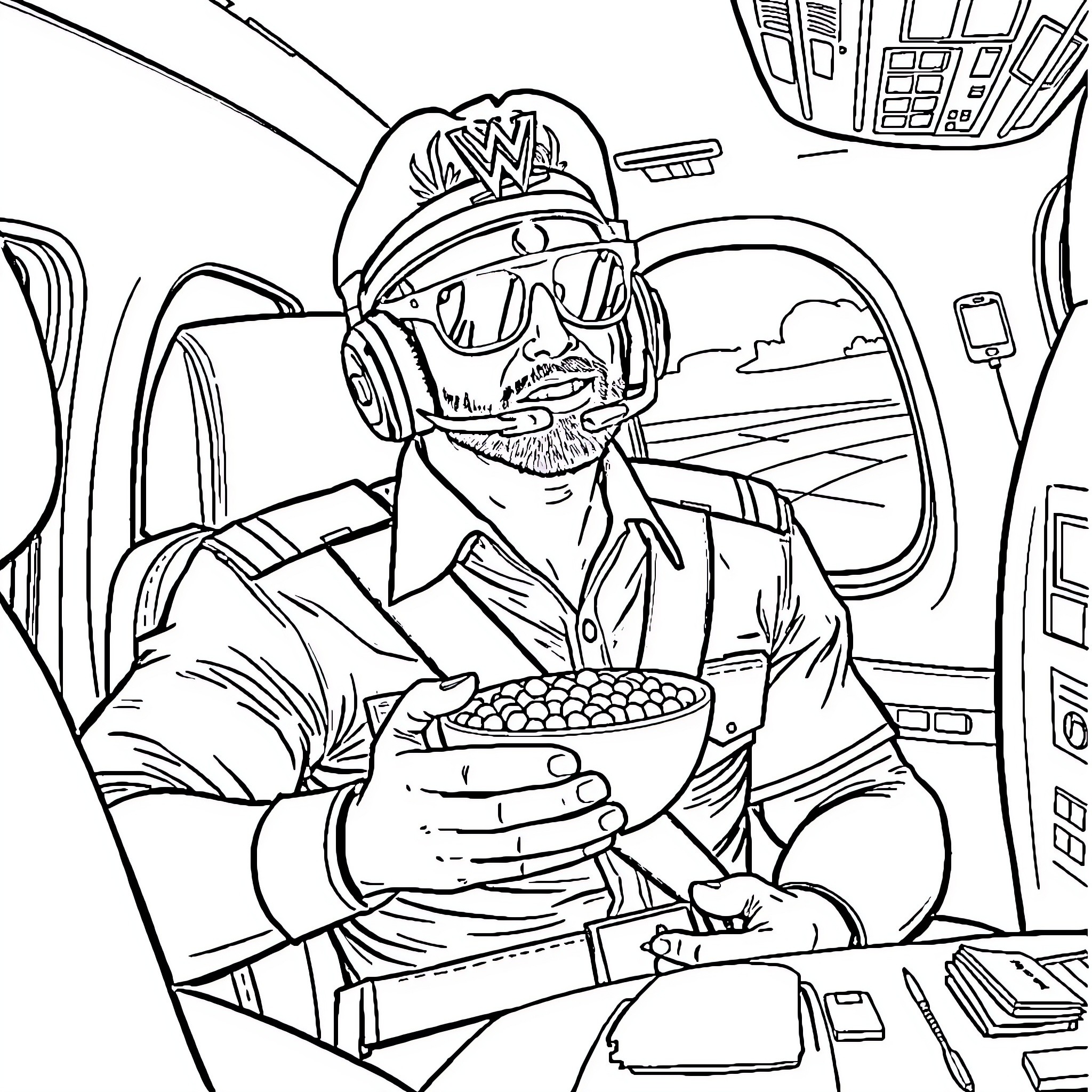 Wrestler enjoying snacks on bus ride Coloring Page (free black-and-white line drawing printable PDF for all, from beginners to advanced learners, including children, teens, adults, and seniors)