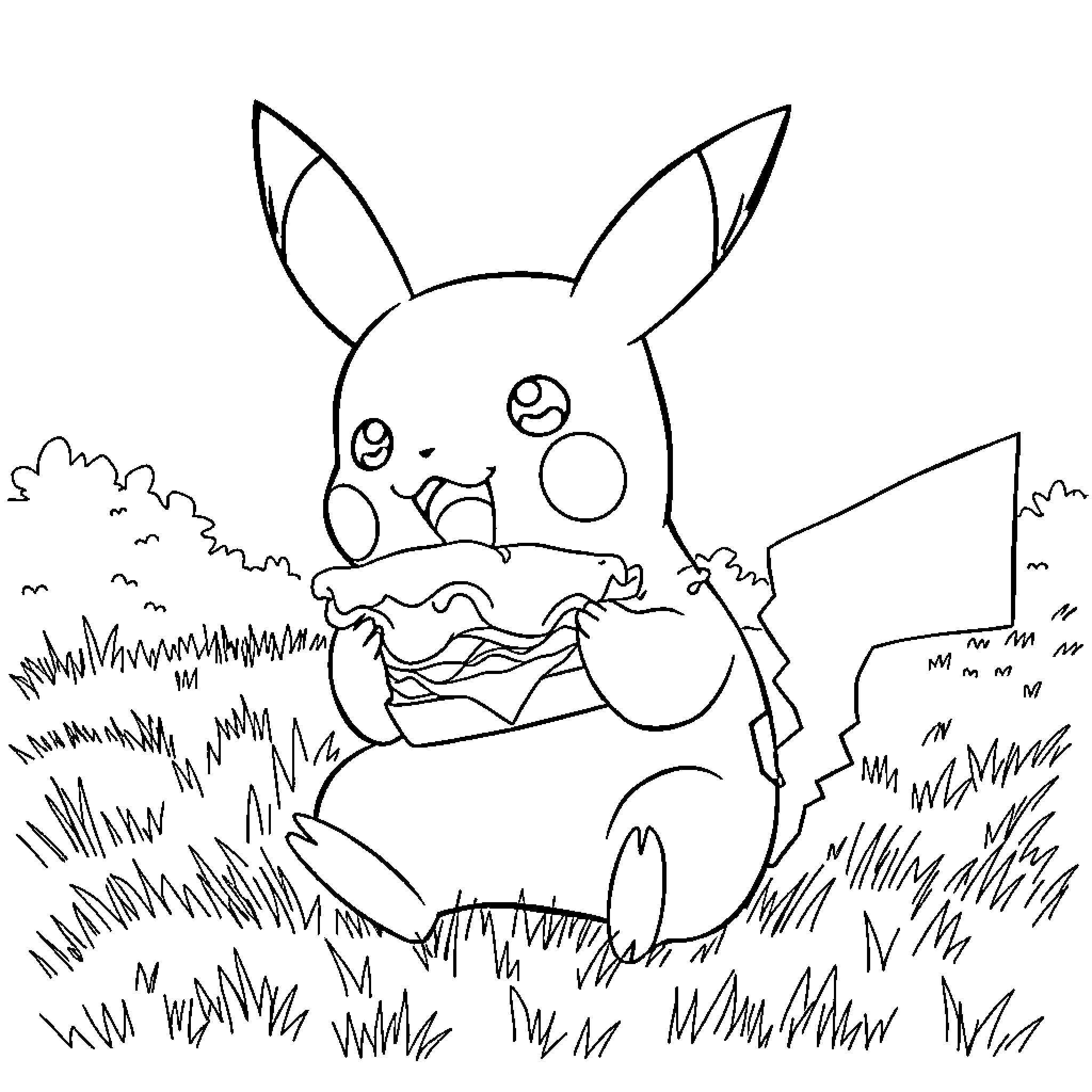 Pikachu enjoying a picnic in the meadow Coloring Page (free black-and-white line drawing printable PDF for all, from beginners to advanced learners, including children, teens, adults, and seniors)