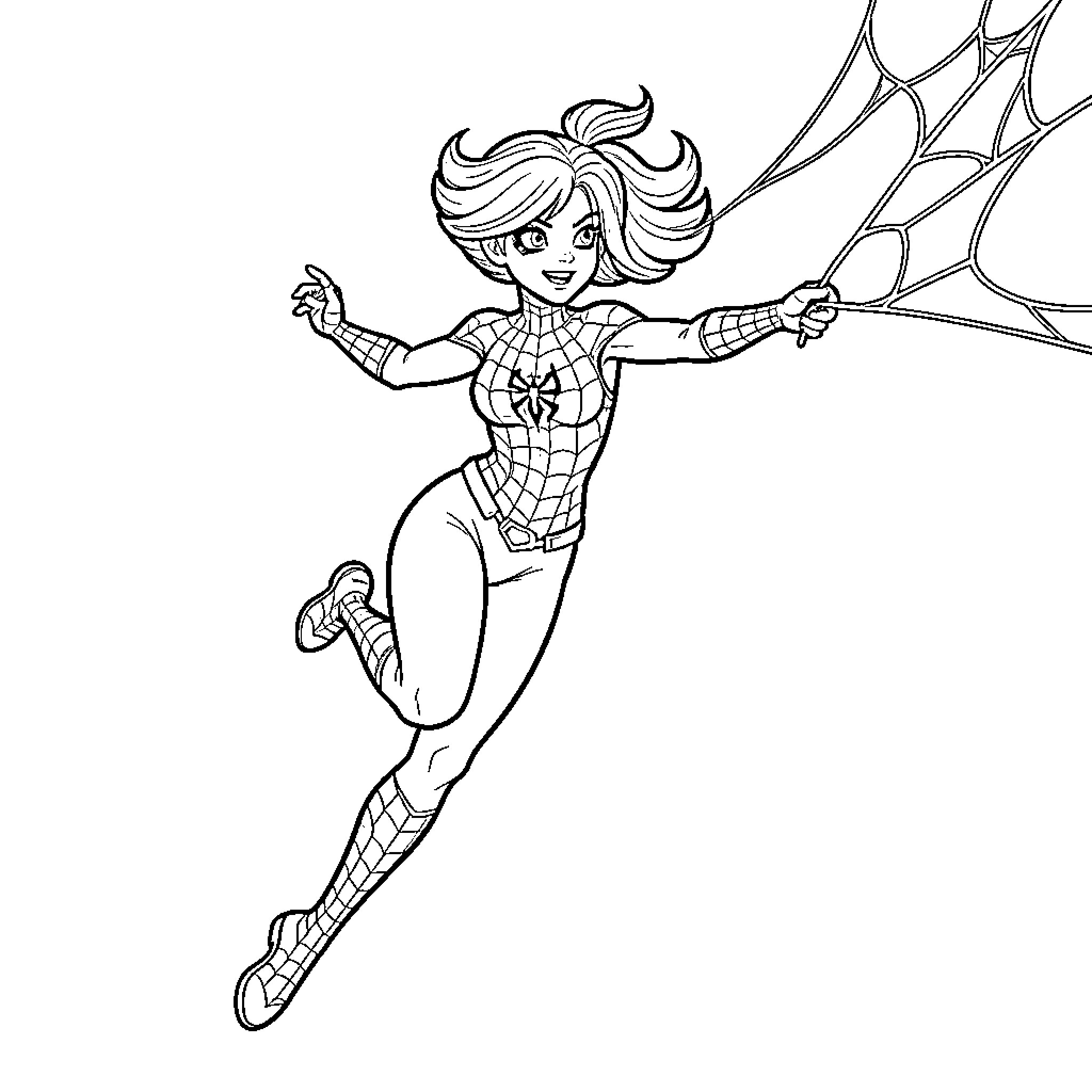 Spider Girl swinging through the air with webs Coloring Page (free black-and-white line drawing printable PDF for all, from beginners to advanced learners, including children, teens, adults, and seniors)