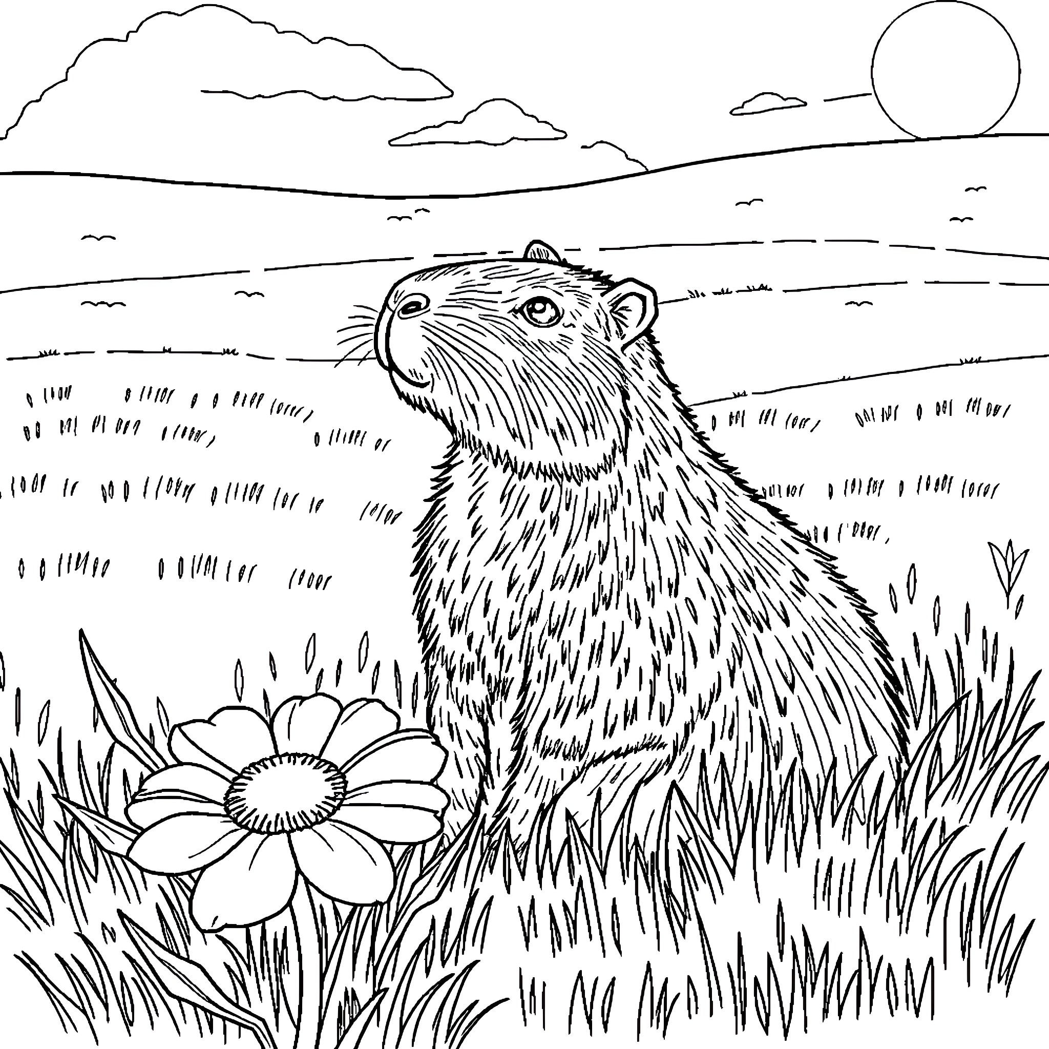 Capybara in a tranquil field Coloring Page (free black-and-white line drawing printable PDF for all, from beginners to advanced learners, including children, teens, adults, and seniors)