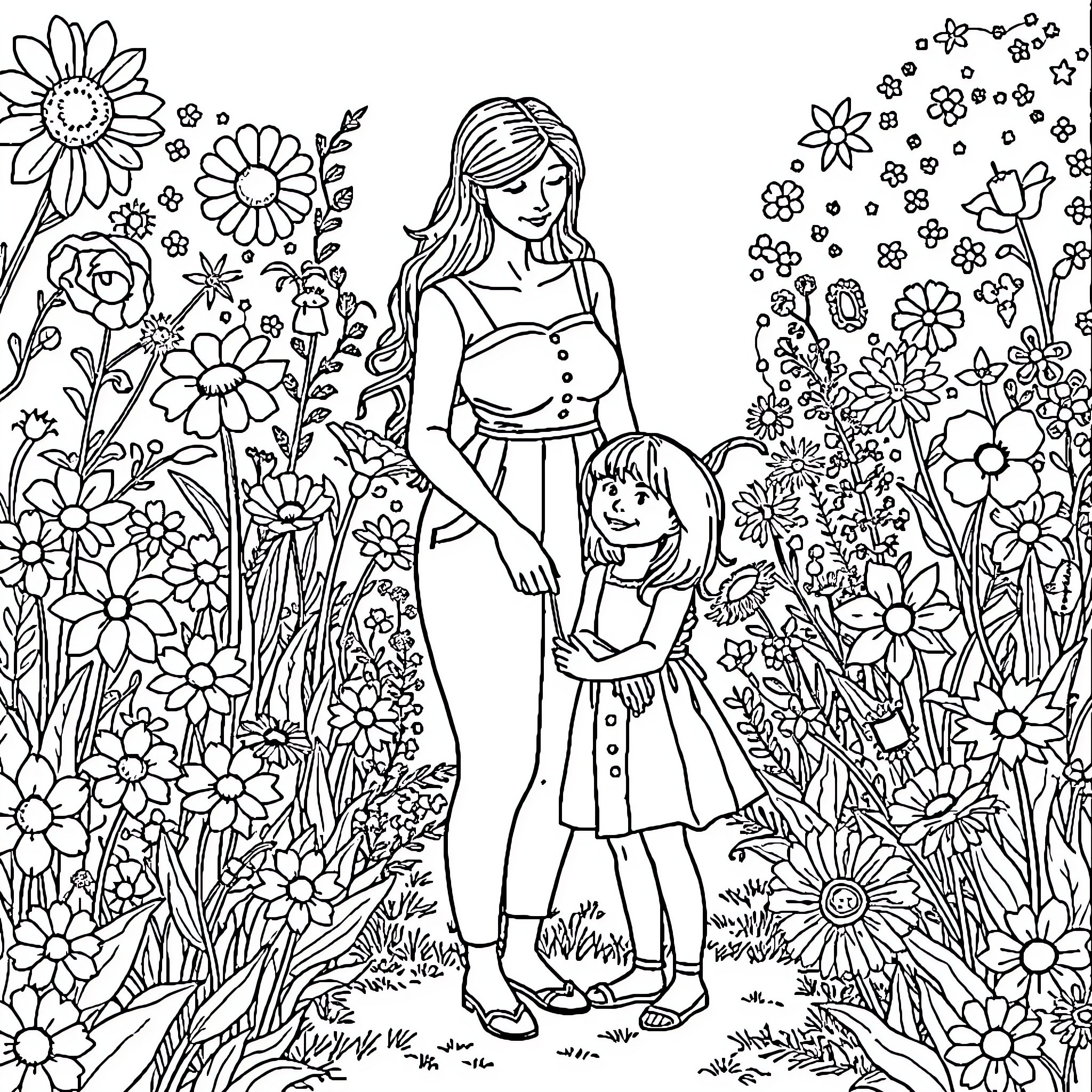 Mom and daughter among blooming flowers Coloring Page (free black-and-white line drawing printable PDF for all, from beginners to advanced learners, including children, teens, adults, and seniors)