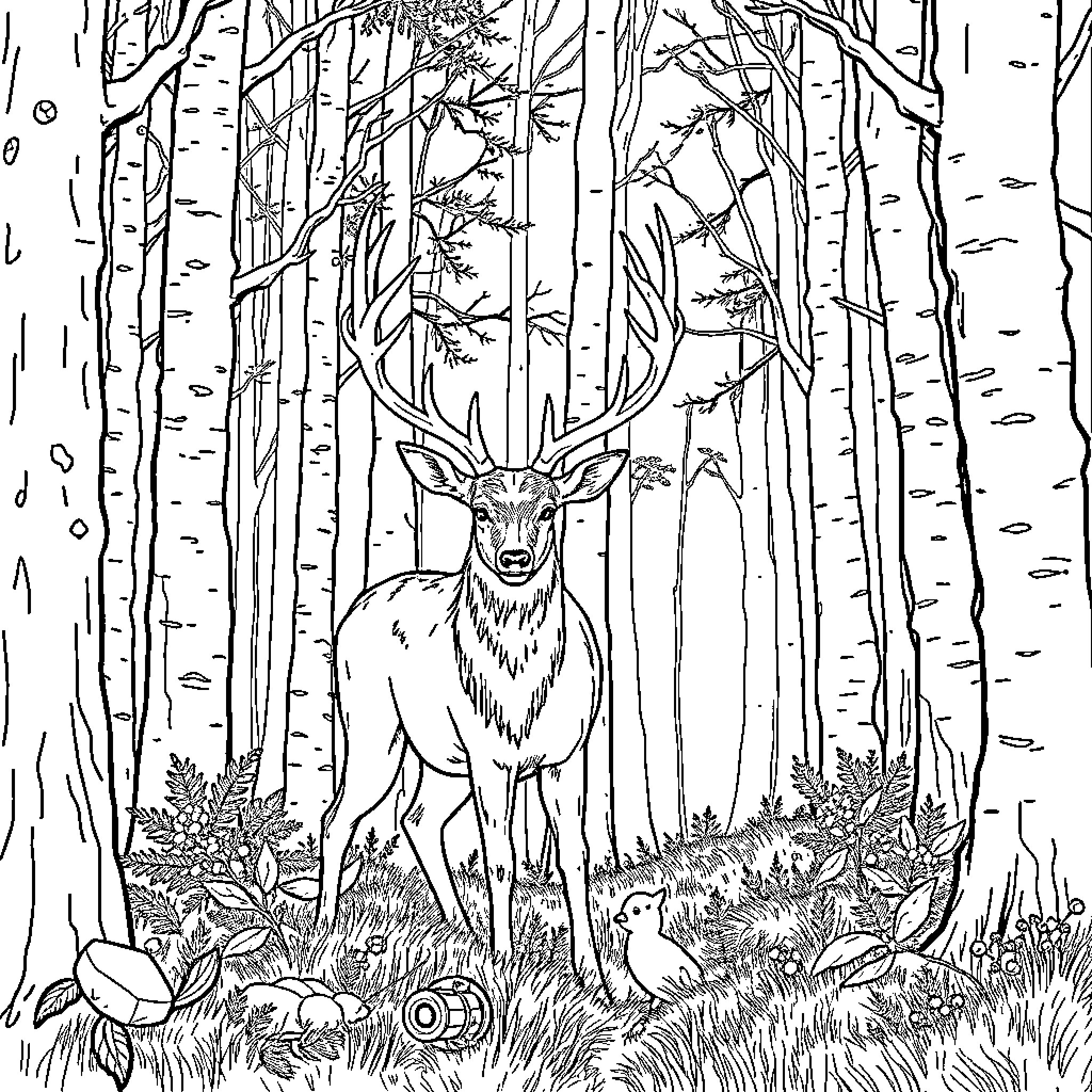 Deer in the Enchanted Forest Coloring Page (free black-and-white line drawing printable PDF for all, from beginners to advanced learners, including children, teens, adults, and seniors)