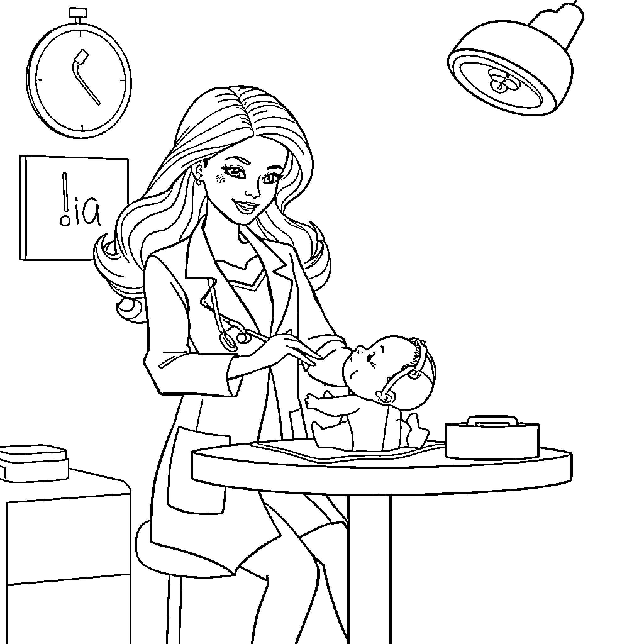 Doctor Barbie Examining a Patient in the Clinic Coloring Page (free black-and-white line drawing printable PDF for all, from beginners to advanced learners, including children, teens, adults, and seniors)