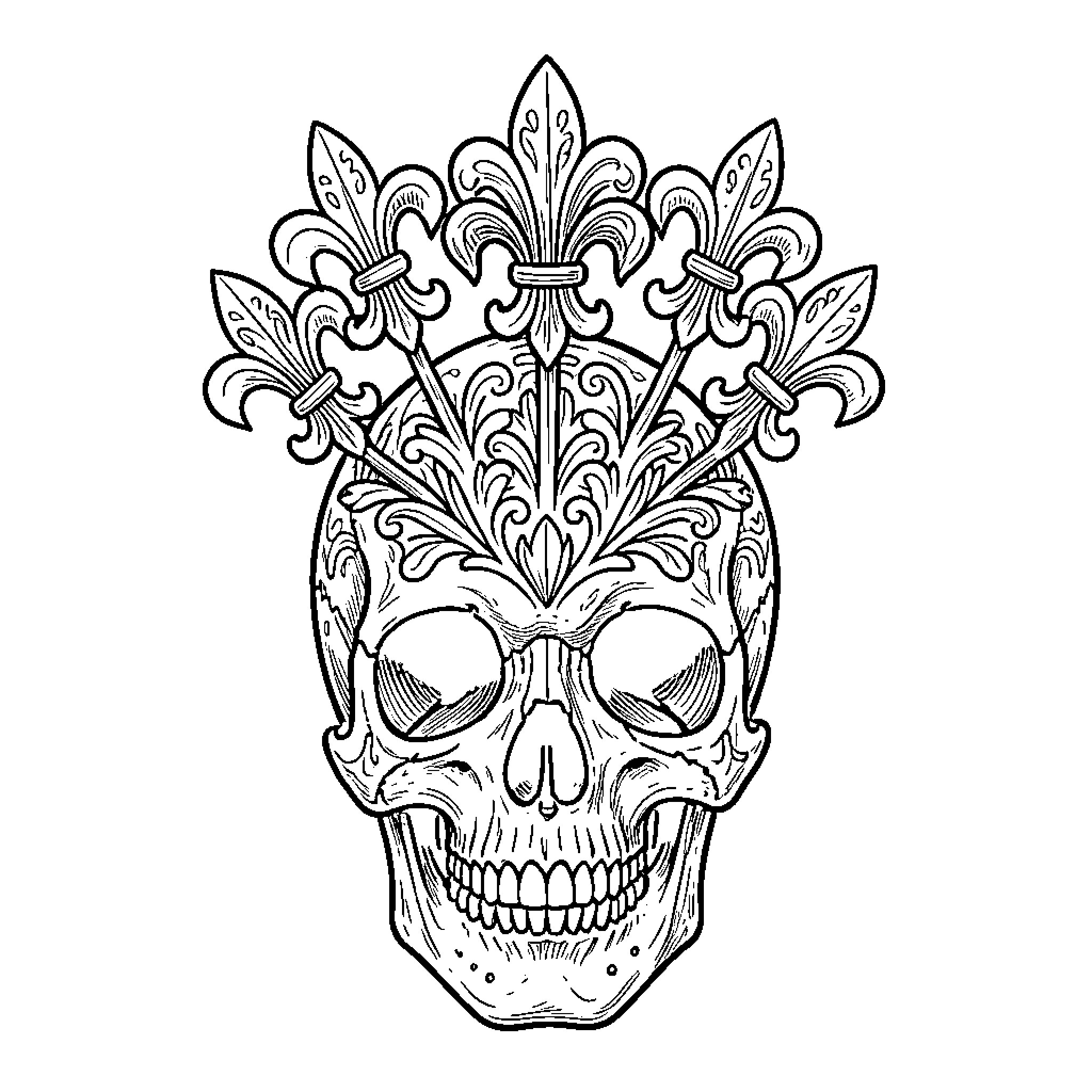 Skull adorned with ornate floral pattern Coloring Page (free black-and-white line drawing printable PDF for all, from beginners to advanced learners, including children, teens, adults, and seniors)