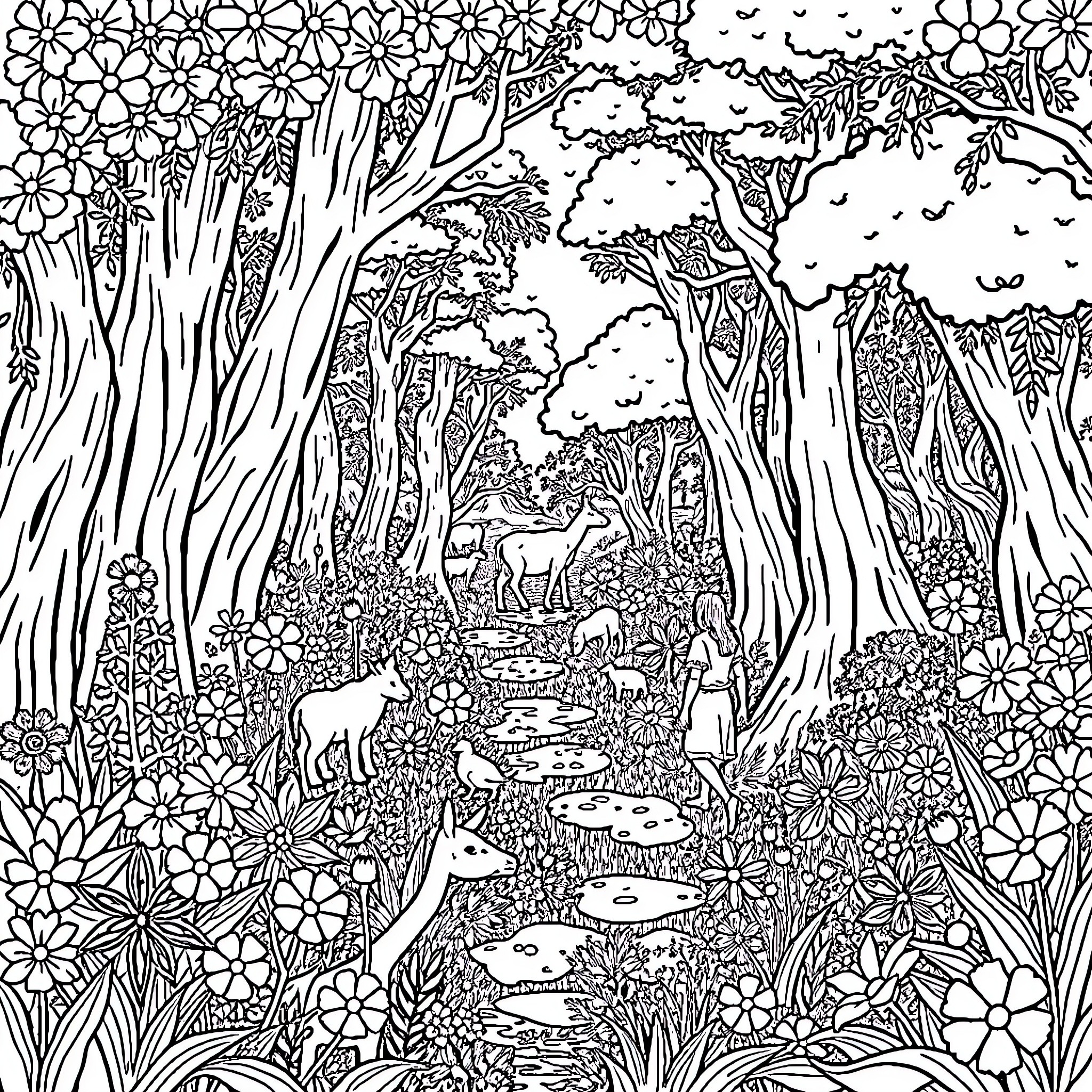 Garden with Intricate Floral Scenery and Wildlife Coloring Page (free black-and-white line drawing printable PDF for all, from beginners to advanced learners, including children, teens, adults, and seniors)