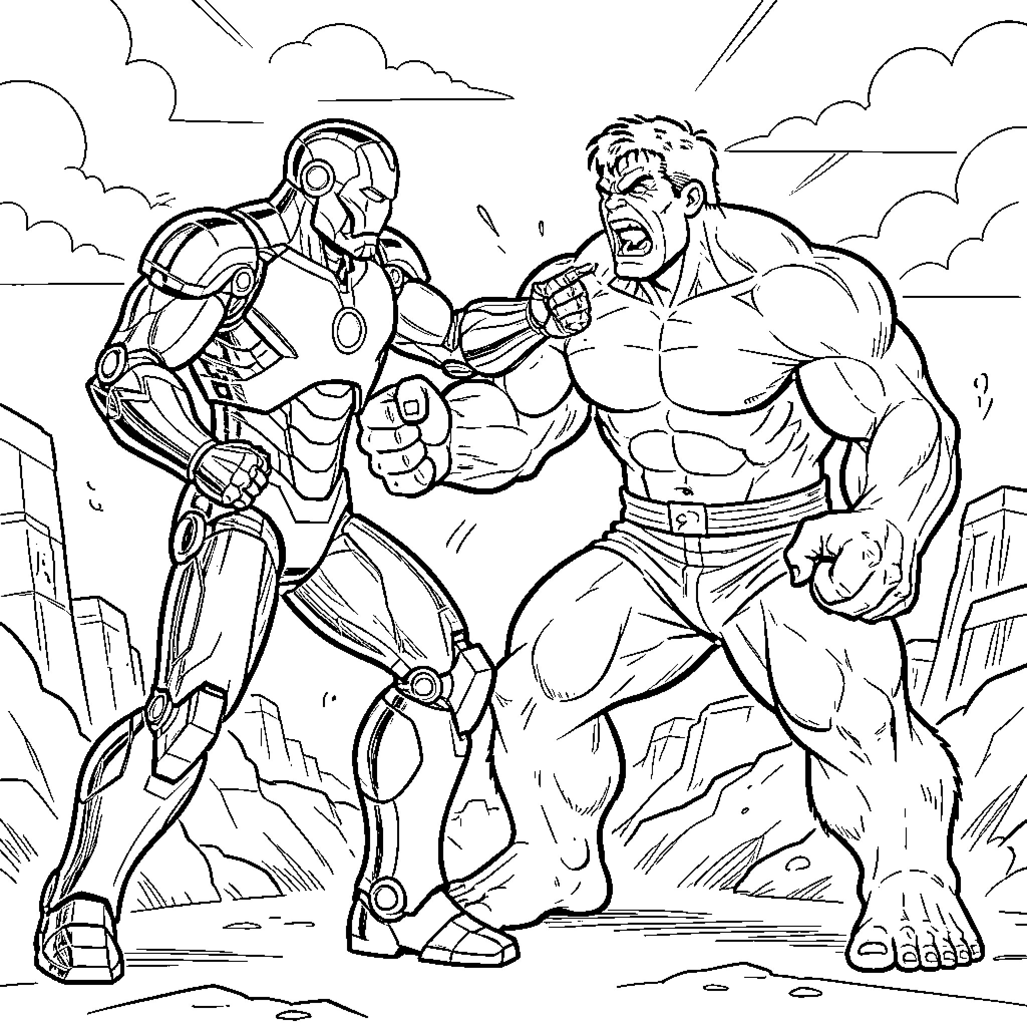 Iron Man facing off against a muscular superhero Coloring Page (free black-and-white line drawing printable PDF for all, from beginners to advanced learners, including children, teens, adults, and seniors)