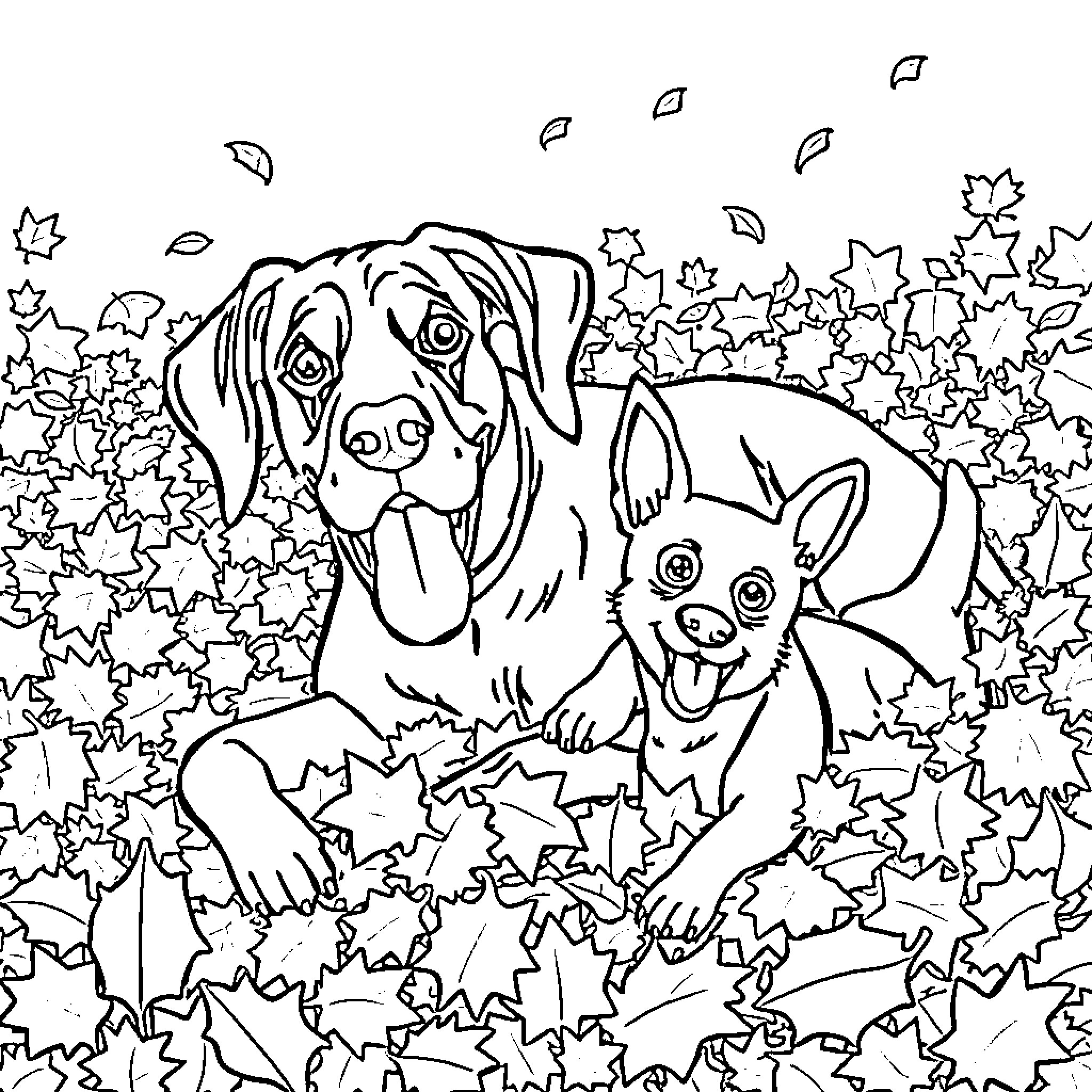 Dog and Puppy Playing in Autumn Leaves Coloring Page (free black-and-white line drawing printable PDF for all, from beginners to advanced learners, including children, teens, adults, and seniors)