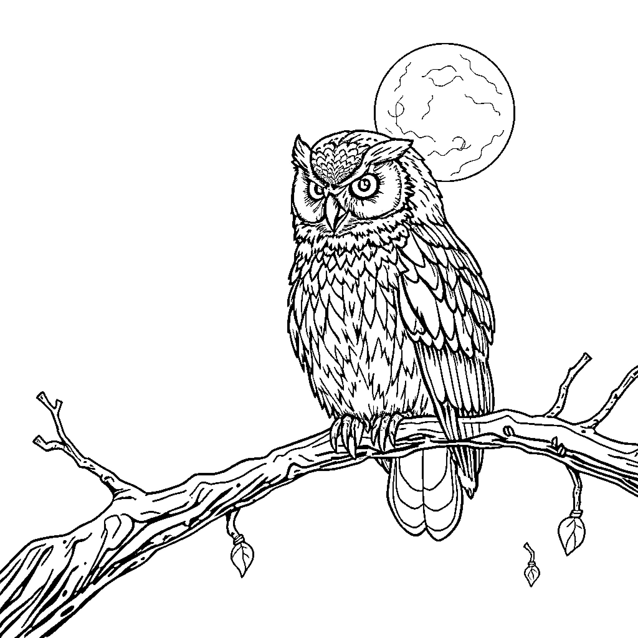 Owl perched on branch under the moon Coloring Page (free black-and-white line drawing printable PDF for all, from beginners to advanced learners, including children, teens, adults, and seniors)