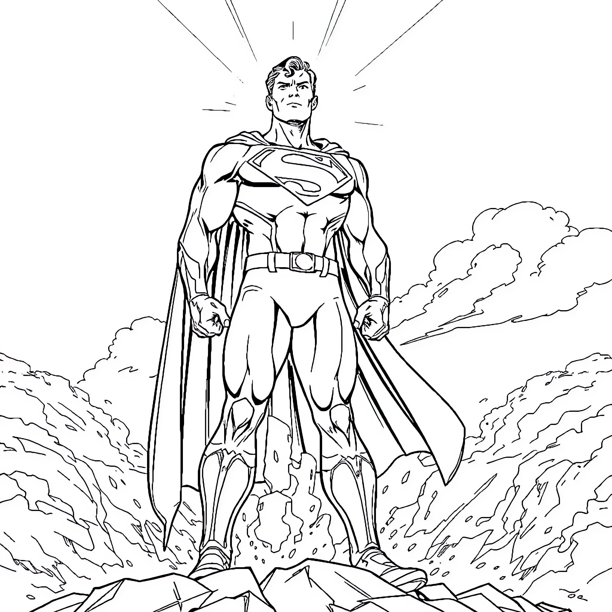 Superman heroically stands amid clouds and rocks Coloring Page (free black-and-white line drawing printable PDF for all, from beginners to advanced learners, including children, teens, adults, and seniors)
