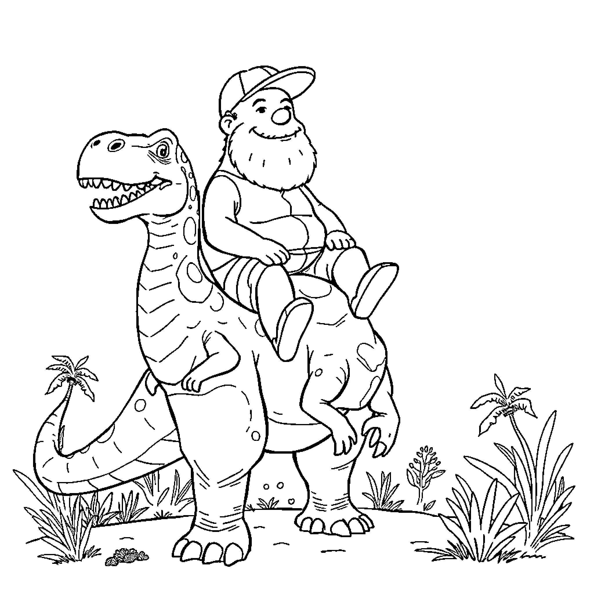 Fred Durst riding a friendly dinosaur Coloring Page (free black-and-white line drawing printable PDF for all, from beginners to advanced learners, including children, teens, adults, and seniors)