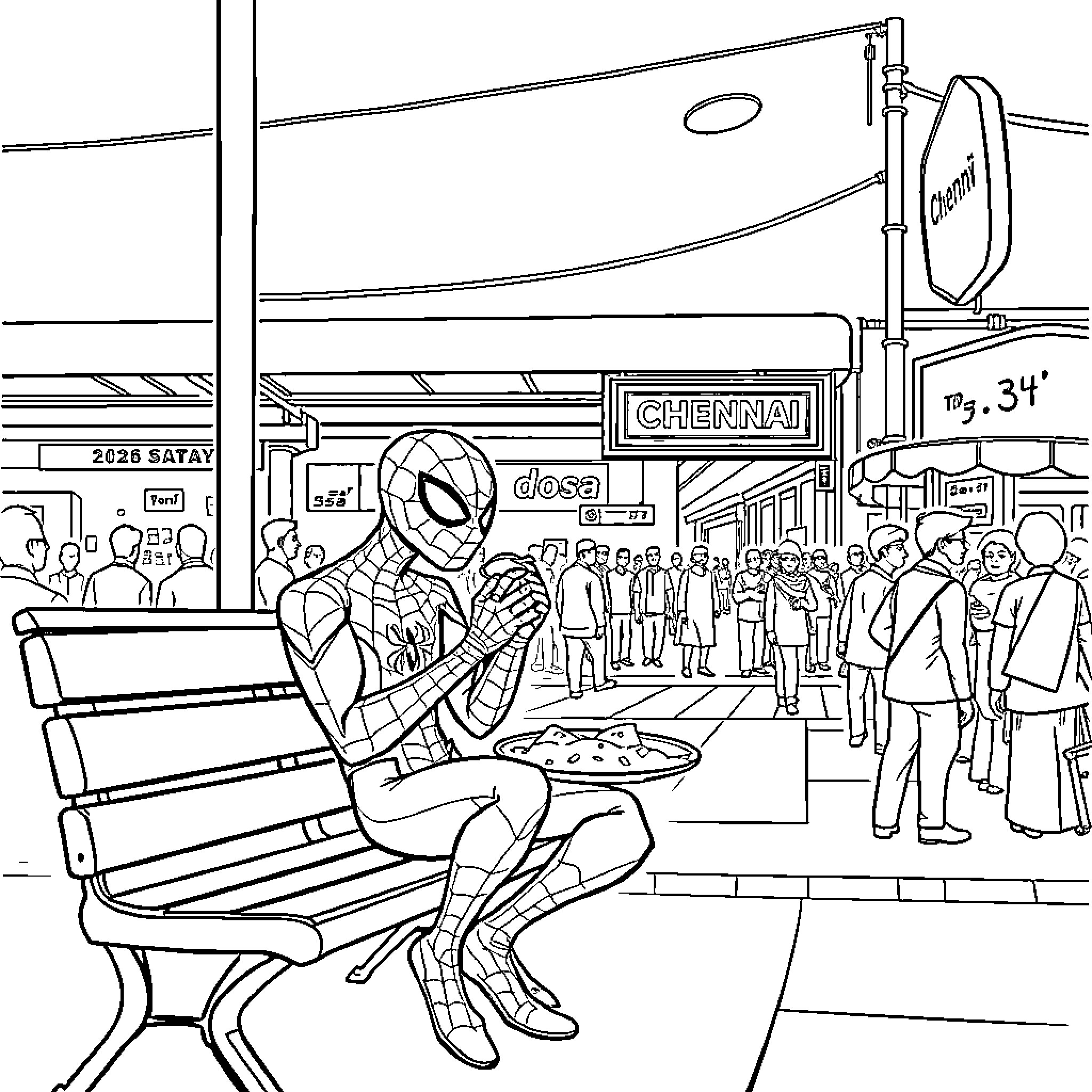 Spiderman resting on a bench in a busy city scene Coloring Page (free black-and-white line drawing printable PDF for all, from beginners to advanced learners, including children, teens, adults, and seniors)
