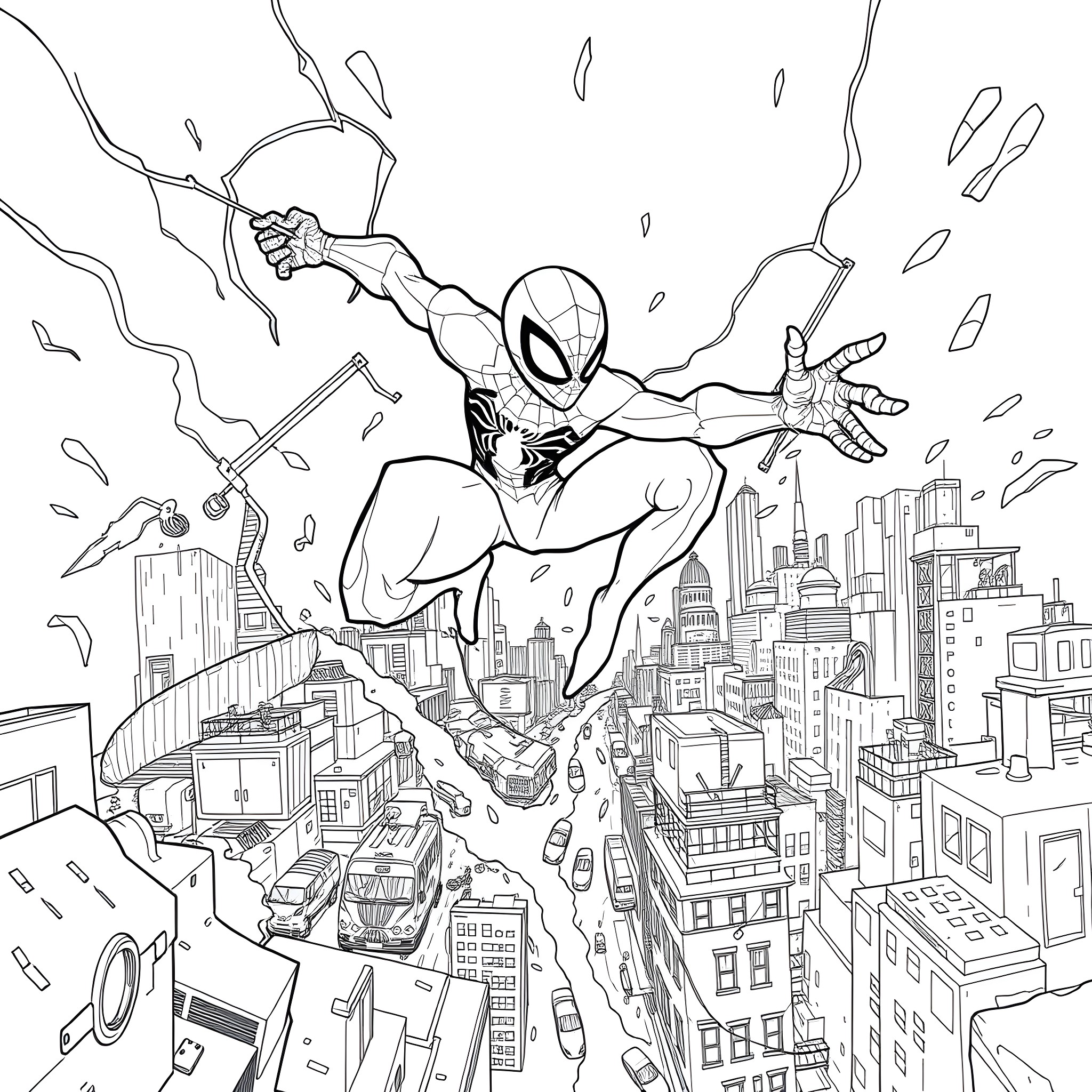 Ghost Spider Swinging Through the City Coloring Page (free black-and-white line drawing printable PDF for all, from beginners to advanced learners, including children, teens, adults, and seniors)