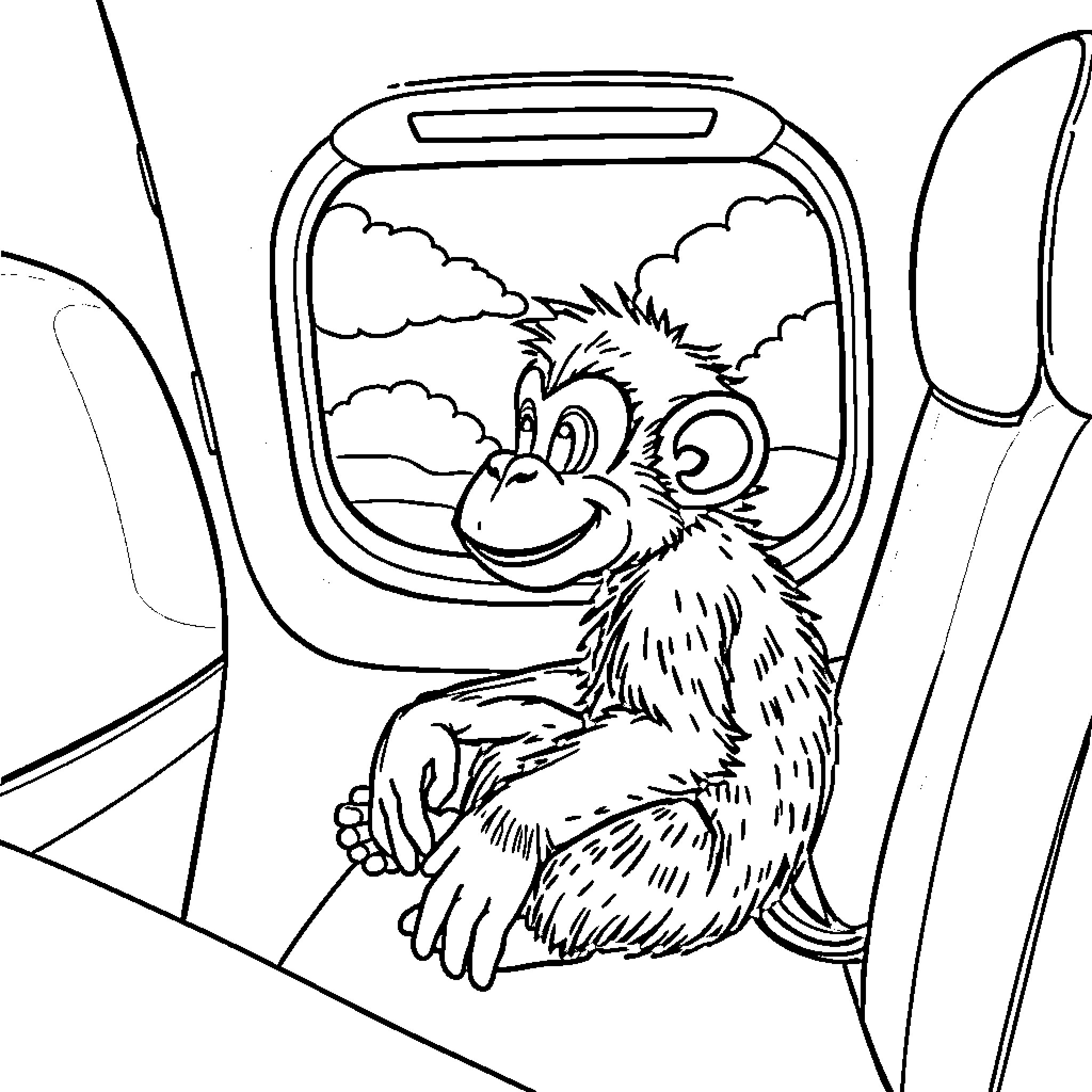 Monkey enjoying view from airplane window Coloring Page (free black-and-white line drawing printable PDF for all, from beginners to advanced learners, including children, teens, adults, and seniors)