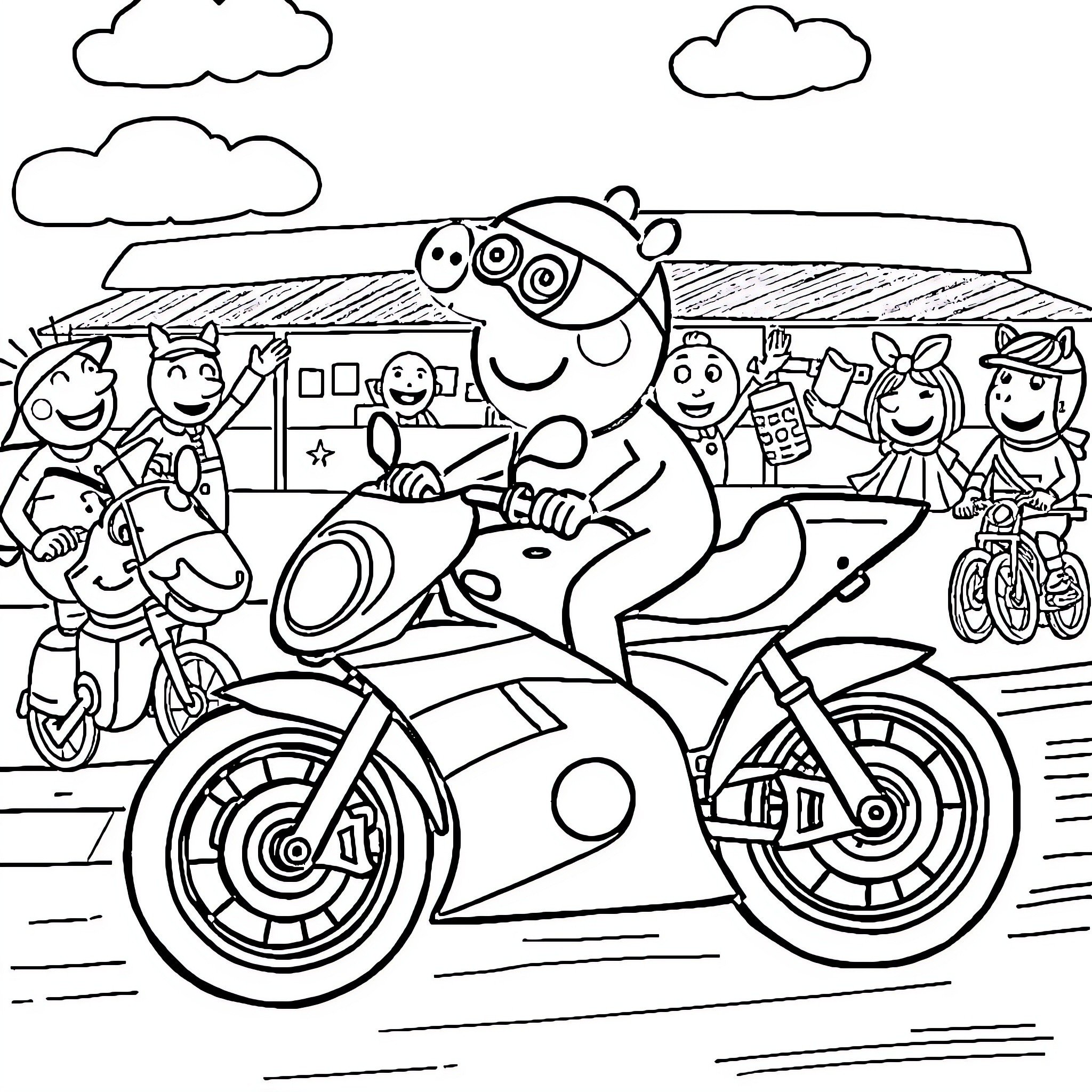 Peppa Pig Enjoys Motorcycle Ride with Friends Coloring Page (free black-and-white line drawing printable PDF for all, from beginners to advanced learners, including children, teens, adults, and seniors)