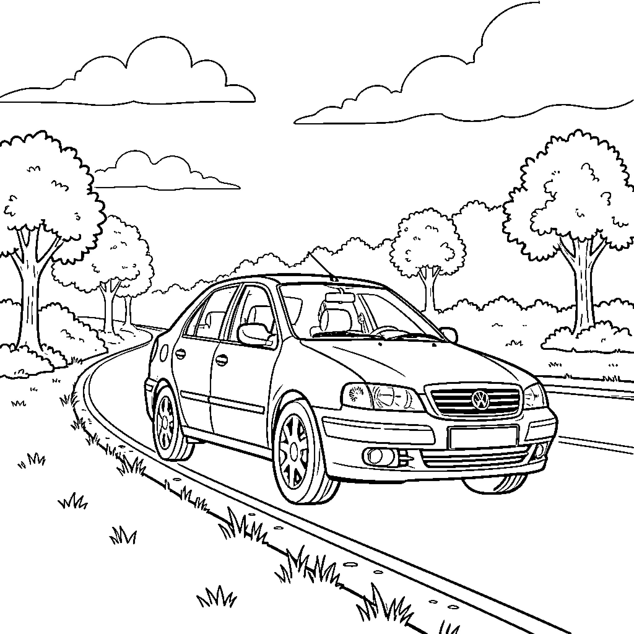 Car driving along a scenic winding road Coloring Page (free black-and-white line drawing printable PDF for all, from beginners to advanced learners, including children, teens, adults, and seniors)