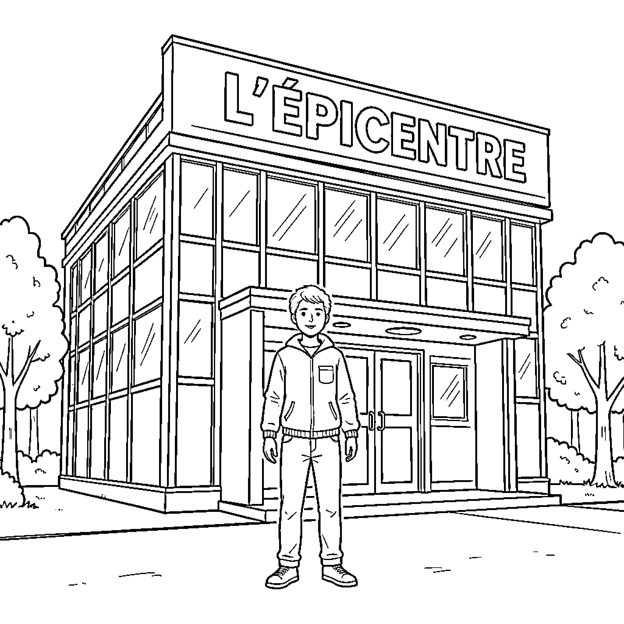 Person standing in front of a large building Coloring Page (free black-and-white line drawing printable PDF for all, from beginners to advanced learners, including children, teens, adults, and seniors)