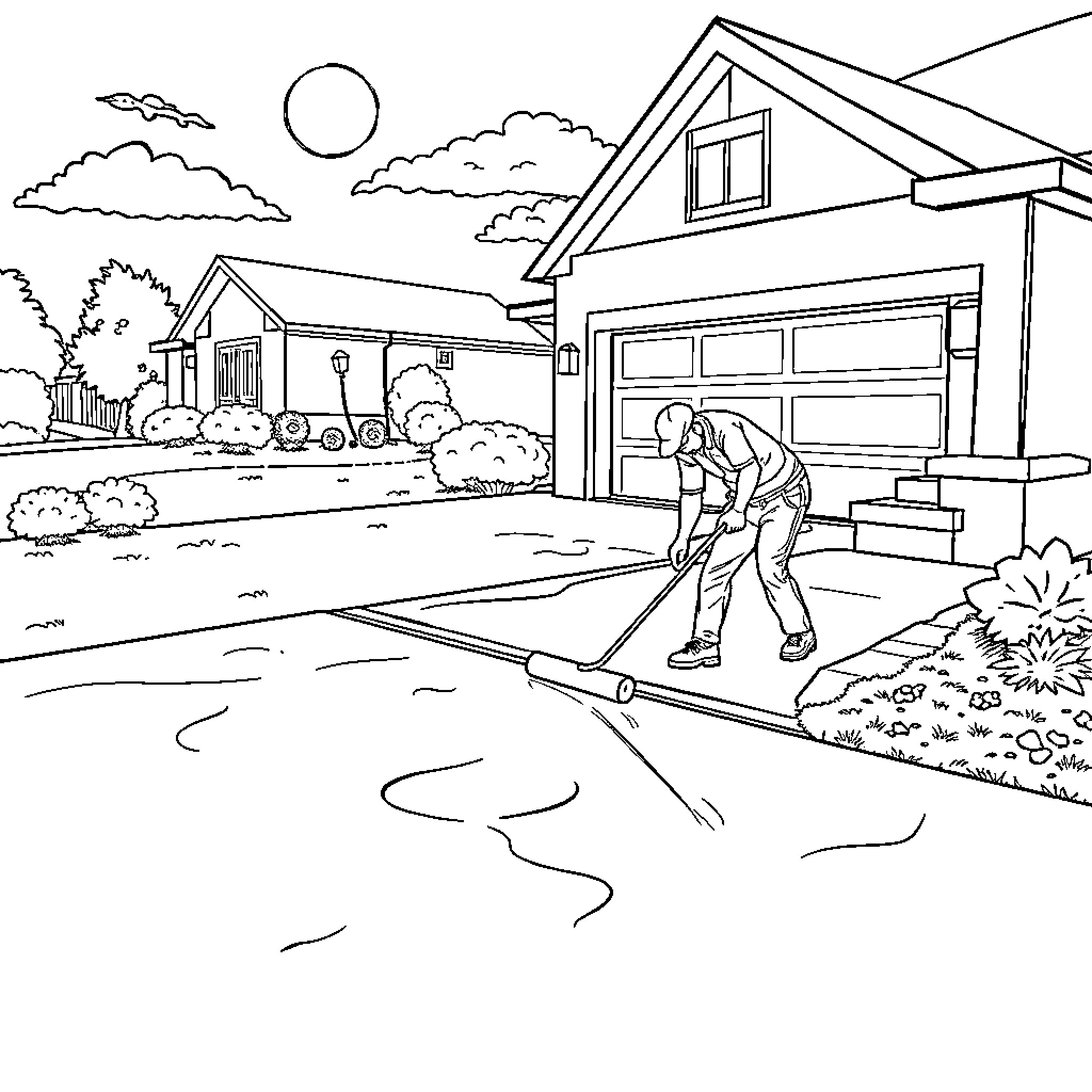 Man doing yard work near his home Coloring Page (free black-and-white line drawing printable PDF for all, from beginners to advanced learners, including children, teens, adults, and seniors)