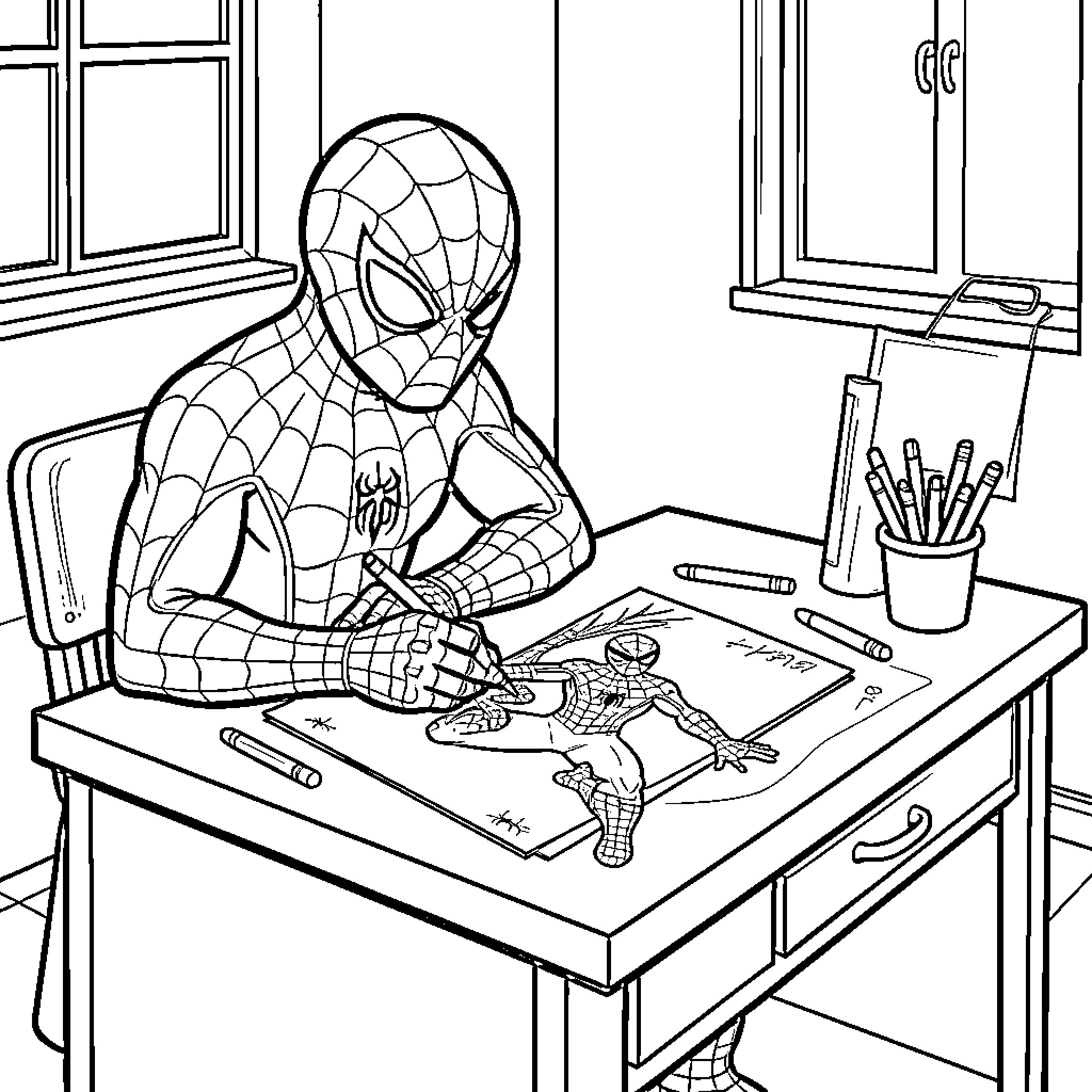 Spider-Man drawing a picture of himself at a desk Coloring Page (free black-and-white line drawing printable PDF for all, from beginners to advanced learners, including children, teens, adults, and seniors)