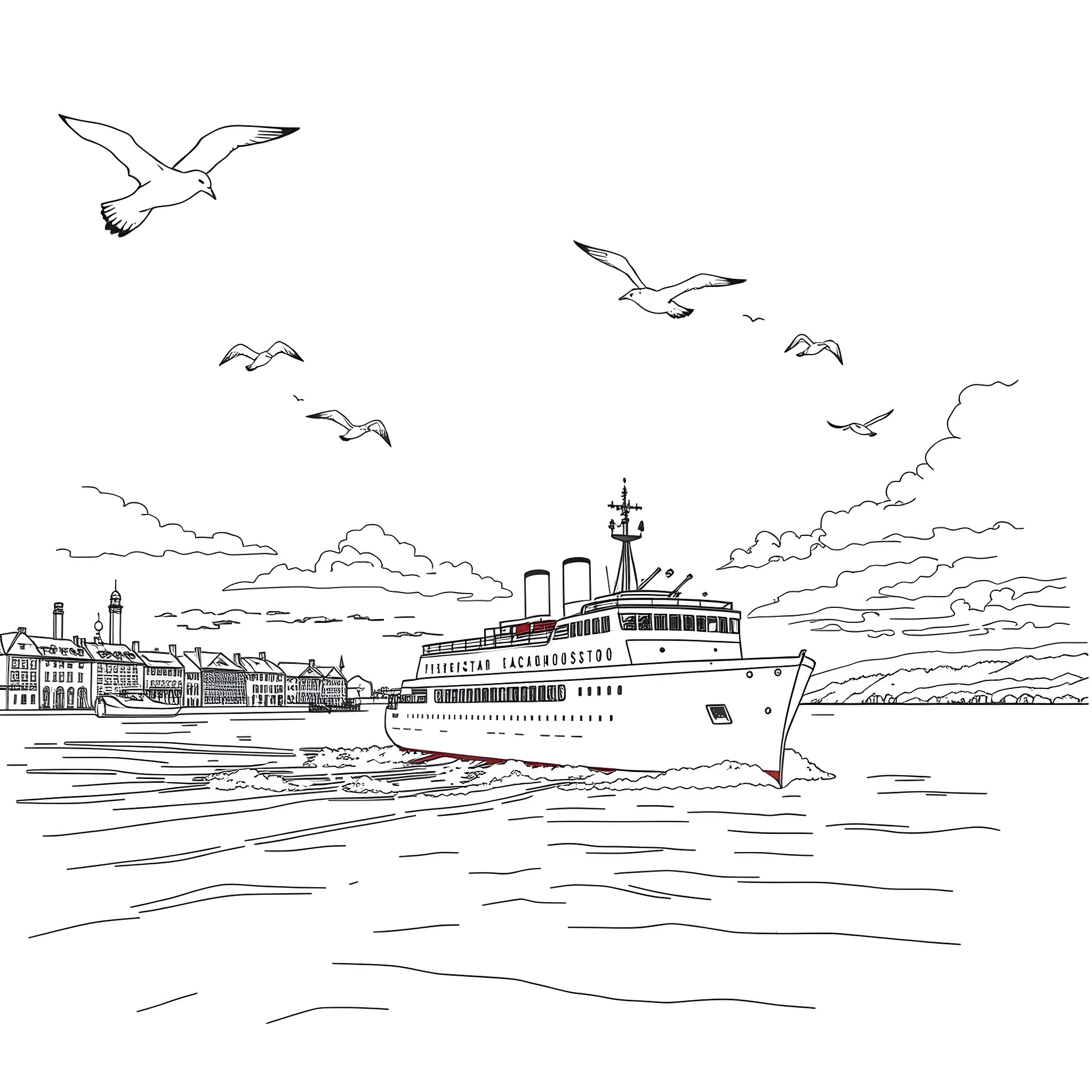 Ship sailing in the harbor with seagulls Coloring Page (free black-and-white line drawing printable PDF for all, from beginners to advanced learners, including children, teens, adults, and seniors)