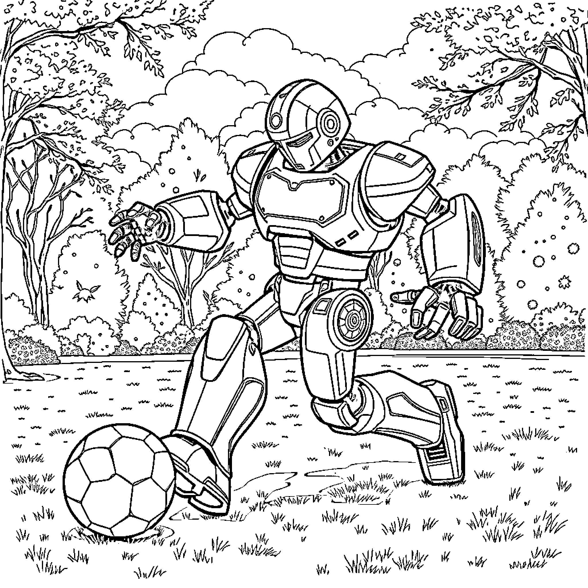 Goldorak playing with a soccer ball in the forest Coloring Page (free black-and-white line drawing printable PDF for all, from beginners to advanced learners, including children, teens, adults, and seniors)