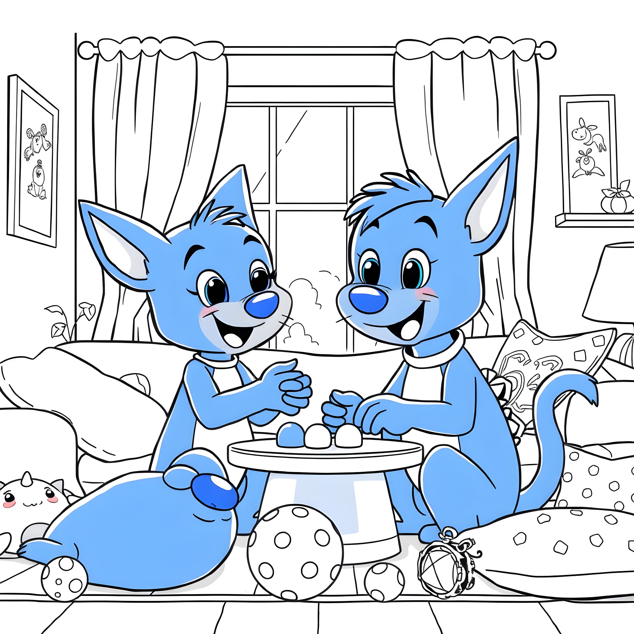 Bluey and siblings having fun at home Coloring Page (free black-and-white line drawing printable PDF for all, from beginners to advanced learners, including children, teens, adults, and seniors)