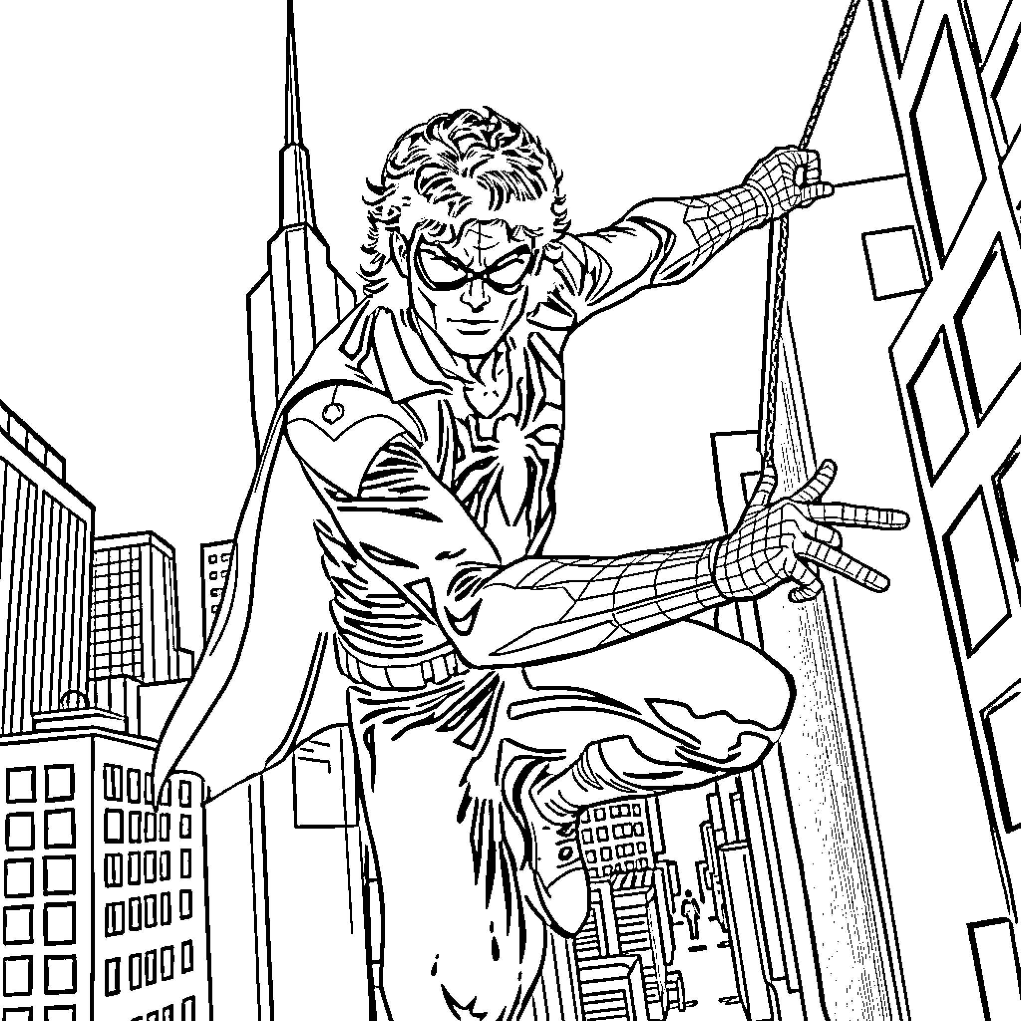 Michael Jackson as a superhero swinging over the city Coloring Page (free black-and-white line drawing printable PDF for all, from beginners to advanced learners, including children, teens, adults, and seniors)