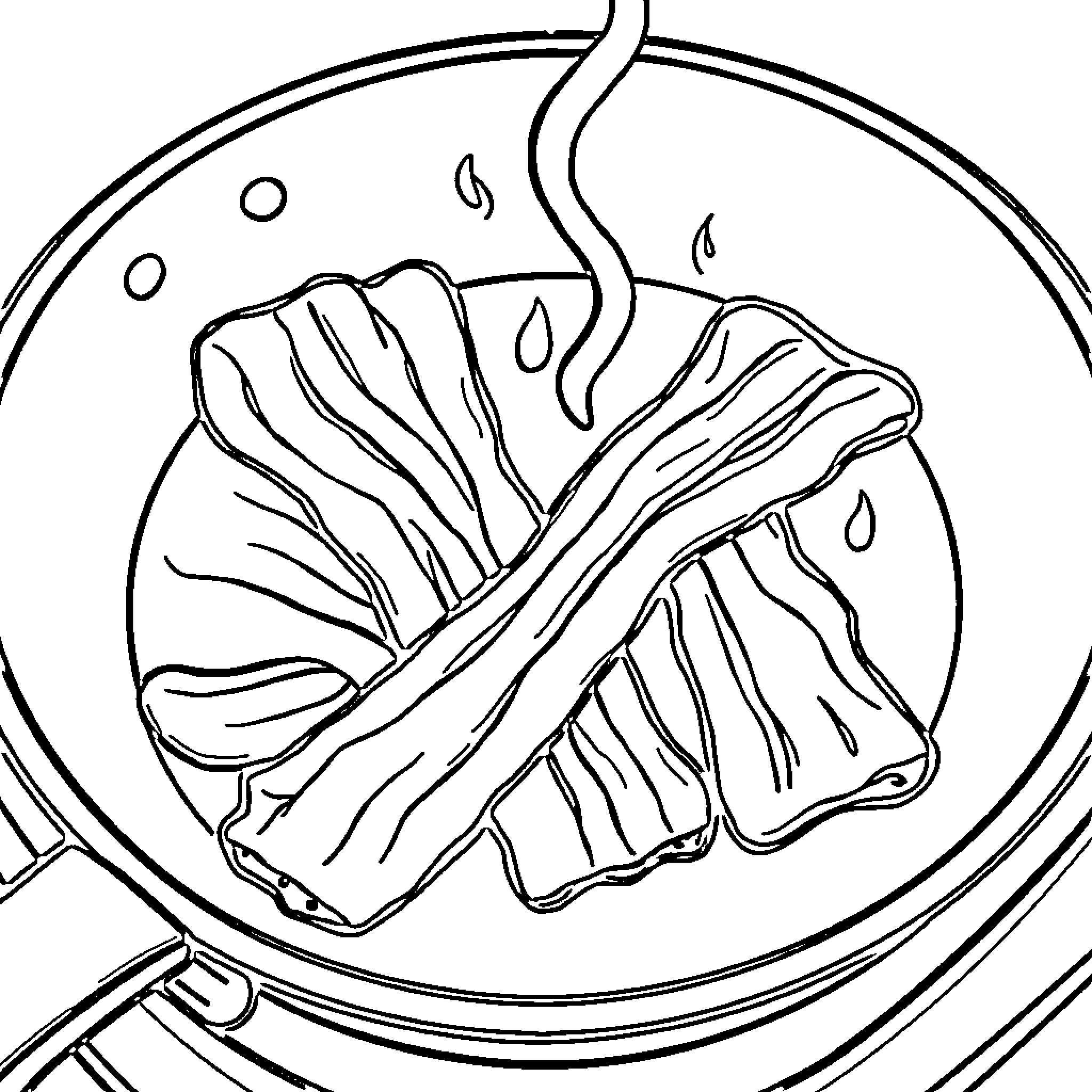Bacon sizzling in hot skillet Coloring Page (free black-and-white line drawing printable PDF for all, from beginners to advanced learners, including children, teens, adults, and seniors)