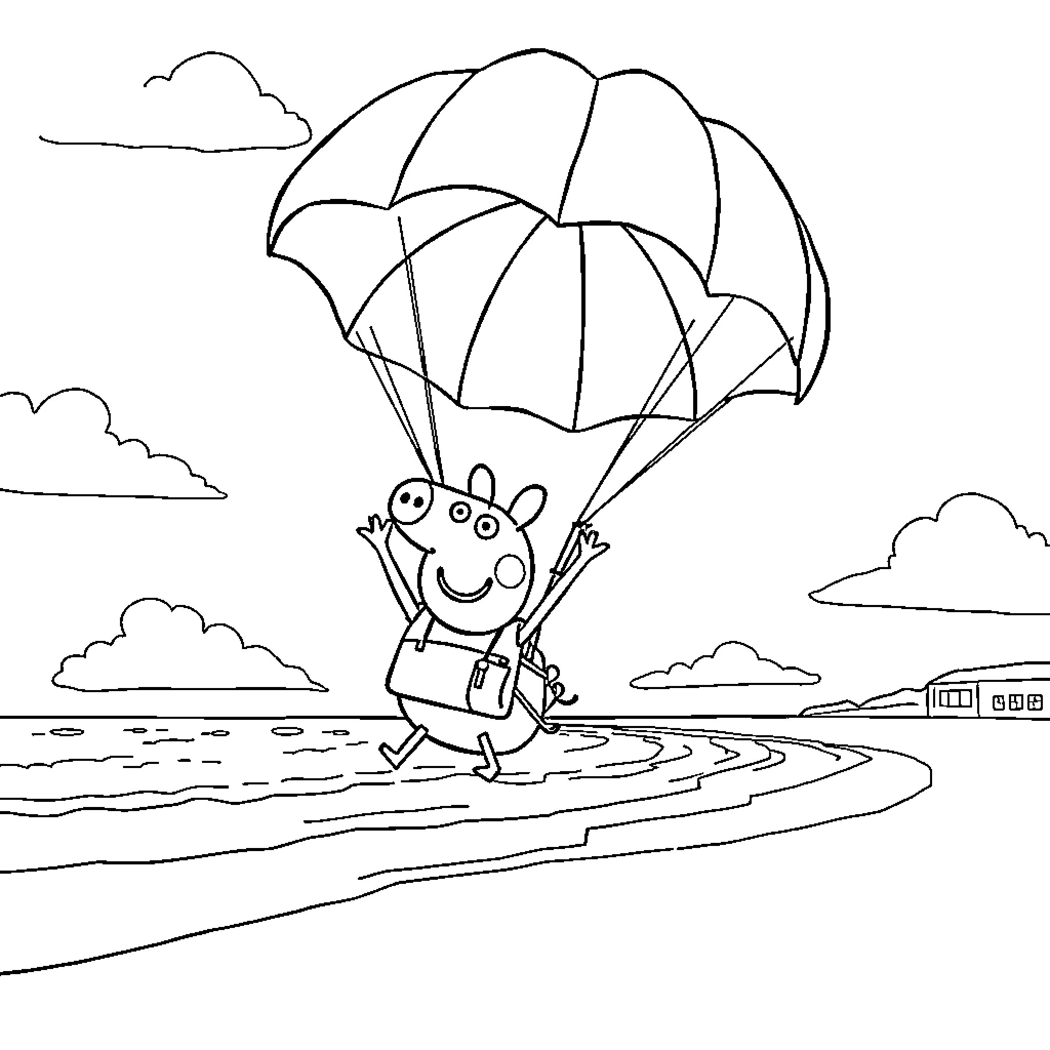 Peppa Pig parachuting over a scenic landscape Coloring Page (free black-and-white line drawing printable PDF for all, from beginners to advanced learners, including children, teens, adults, and seniors)