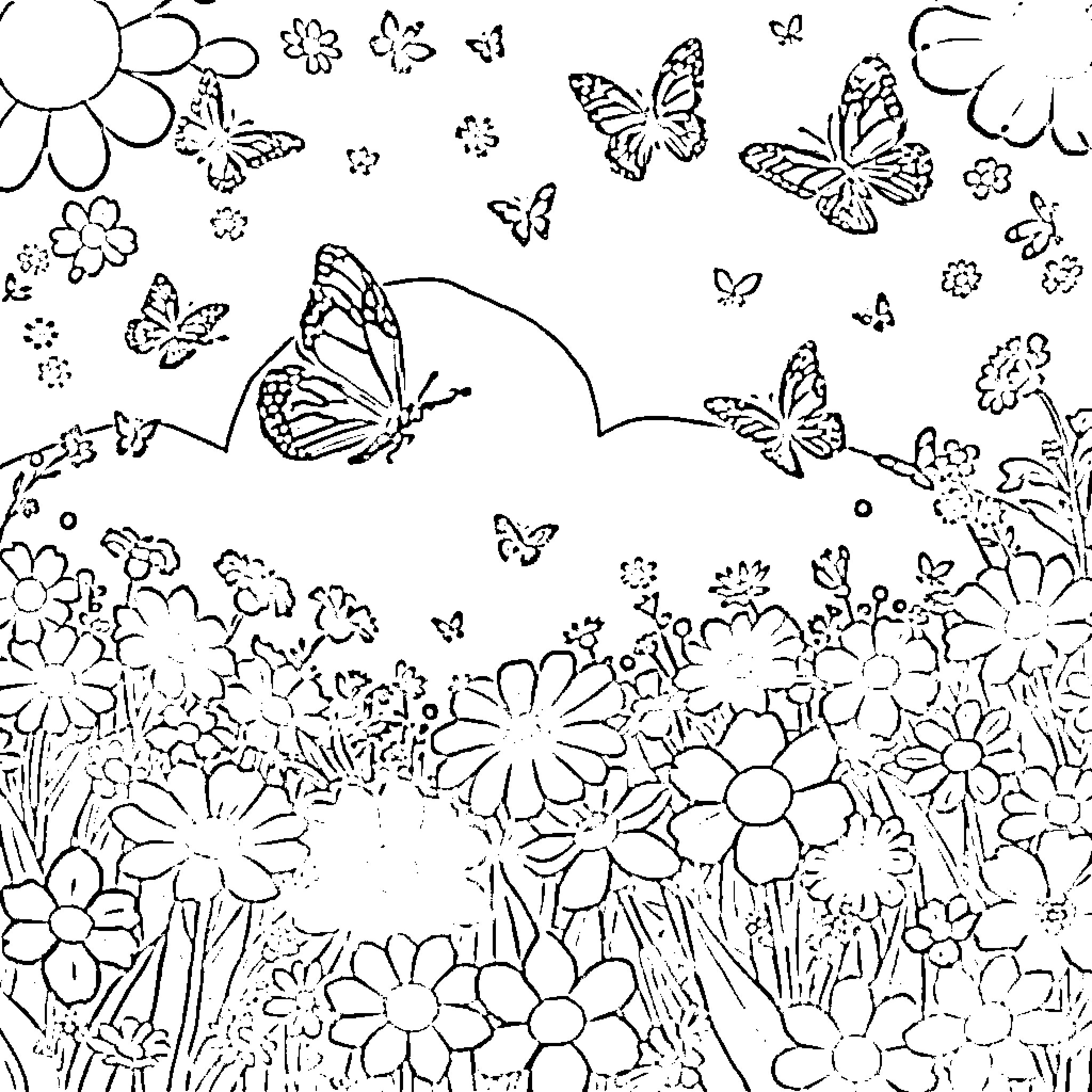 Butterfly meadow with flowers and butterflies Coloring Page (free black-and-white line drawing printable PDF for all, from beginners to advanced learners, including children, teens, adults, and seniors)