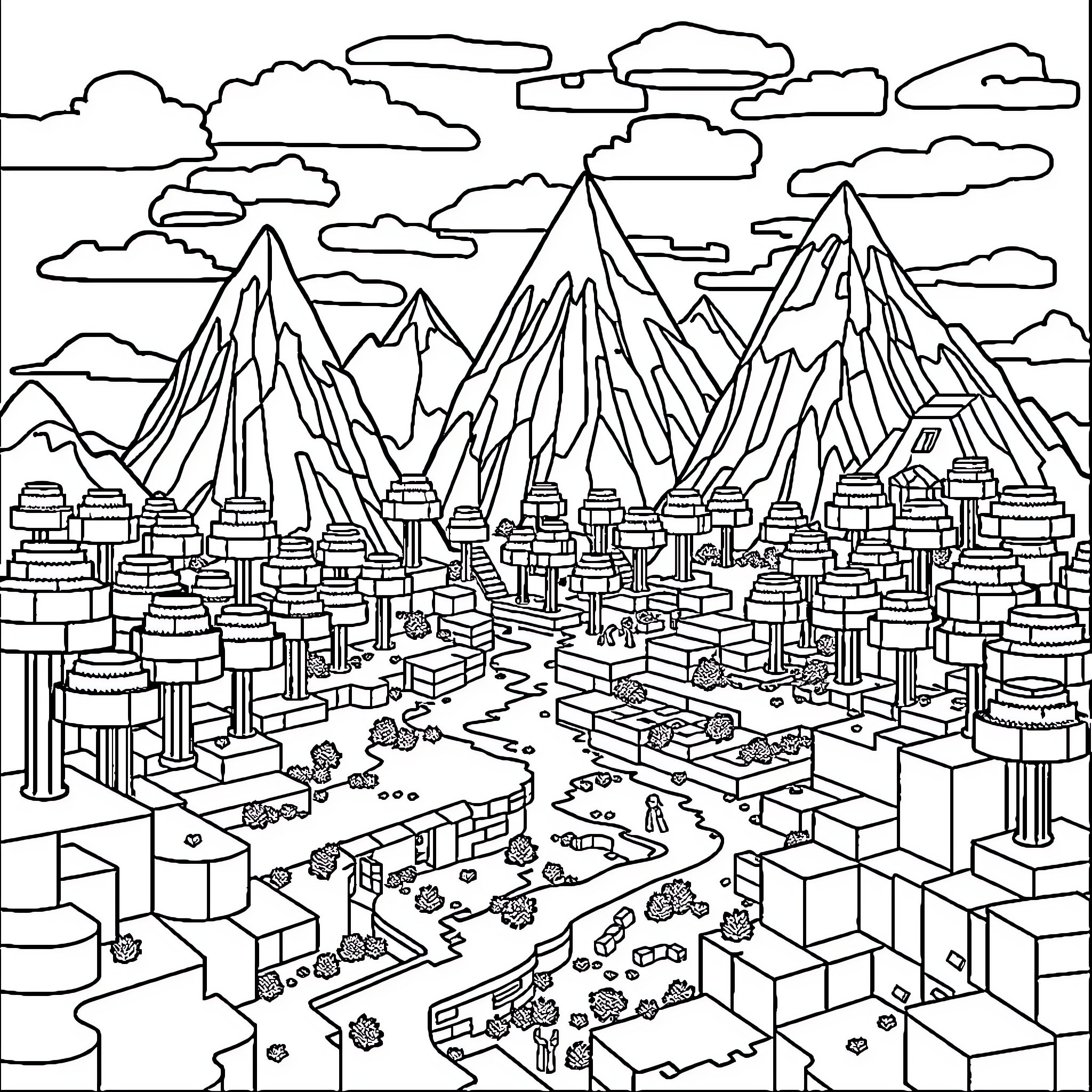 Minecraft landscape with mountains and buildings Coloring Page (free black-and-white line drawing printable PDF for all, from beginners to advanced learners, including children, teens, adults, and seniors)