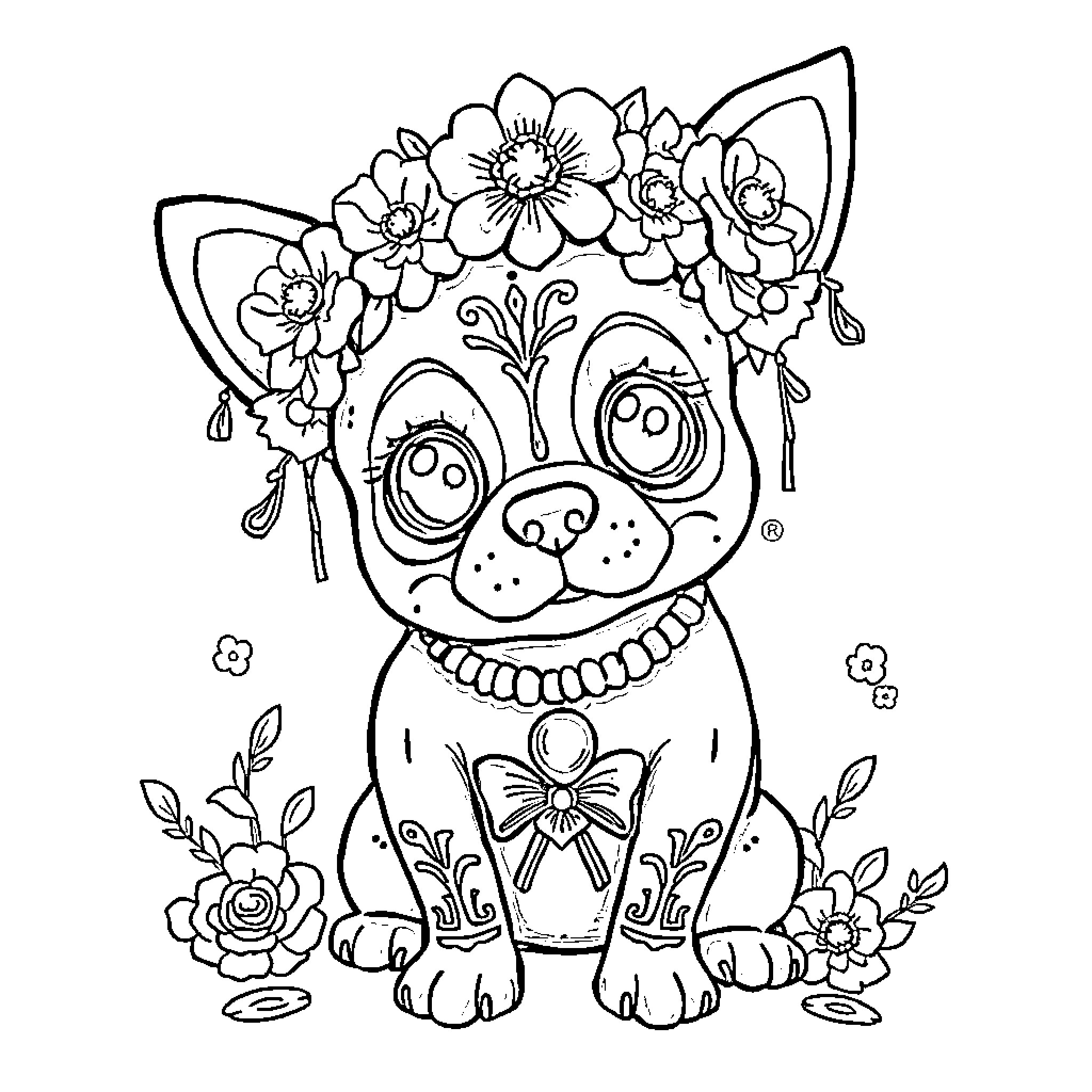 Puppy with floral crown and ornate design Coloring Page (free black-and-white line drawing printable PDF for all, from beginners to advanced learners, including children, teens, adults, and seniors)