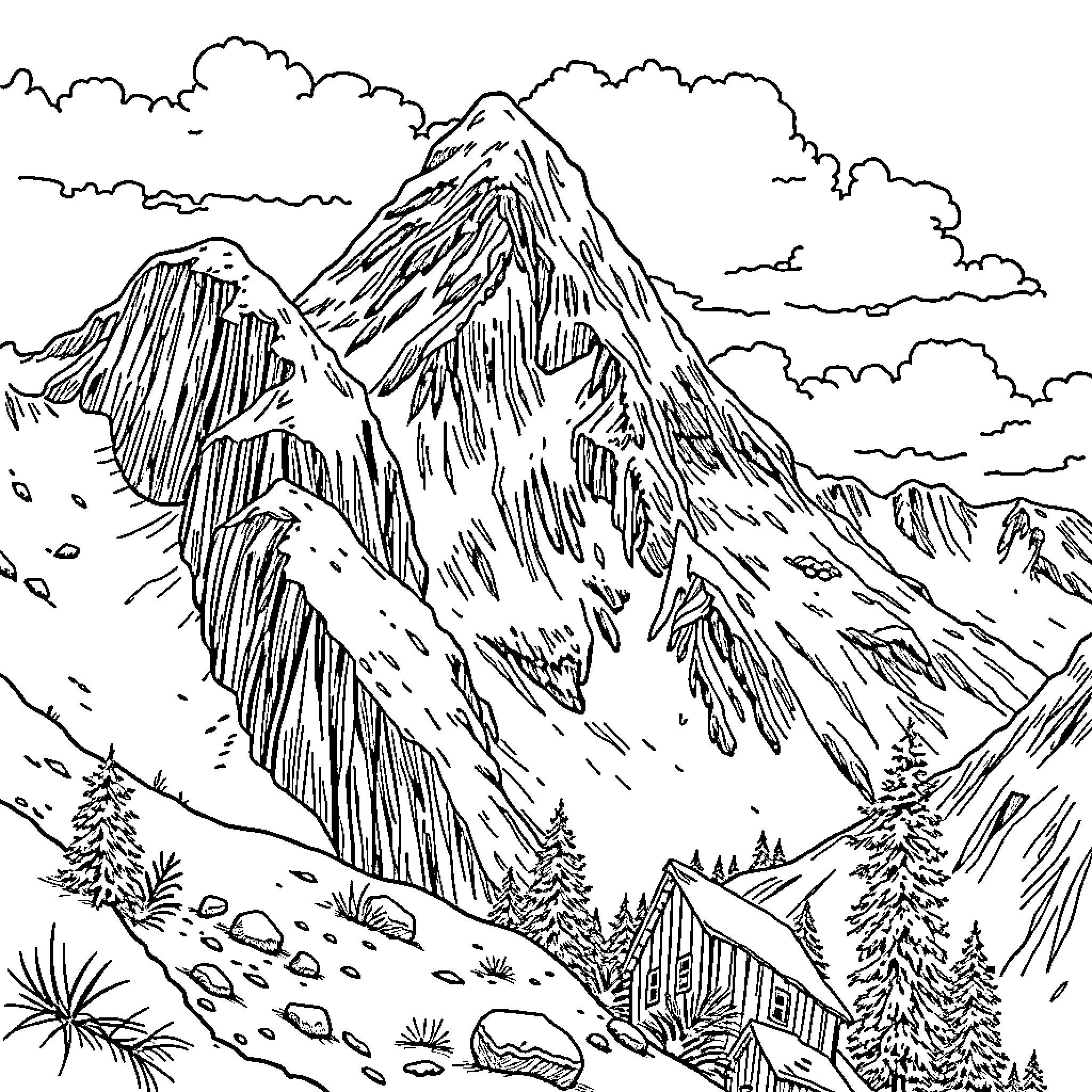 Taz's Mountainous Landscape Adventure Coloring Page (free black-and-white line drawing printable PDF for all, from beginners to advanced learners, including children, teens, adults, and seniors)
