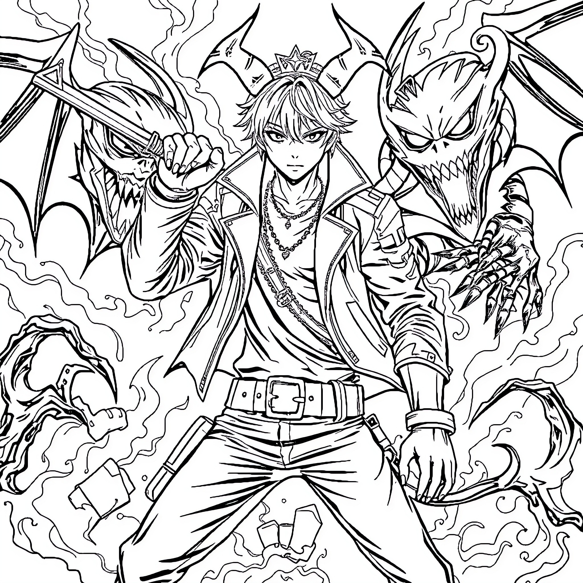 K-POP Demon Hunter Battles Fearsome Beasts with Determination Coloring Page (free black-and-white line drawing printable PDF for all, from beginners to advanced learners, including children, teens, adults, and seniors)
