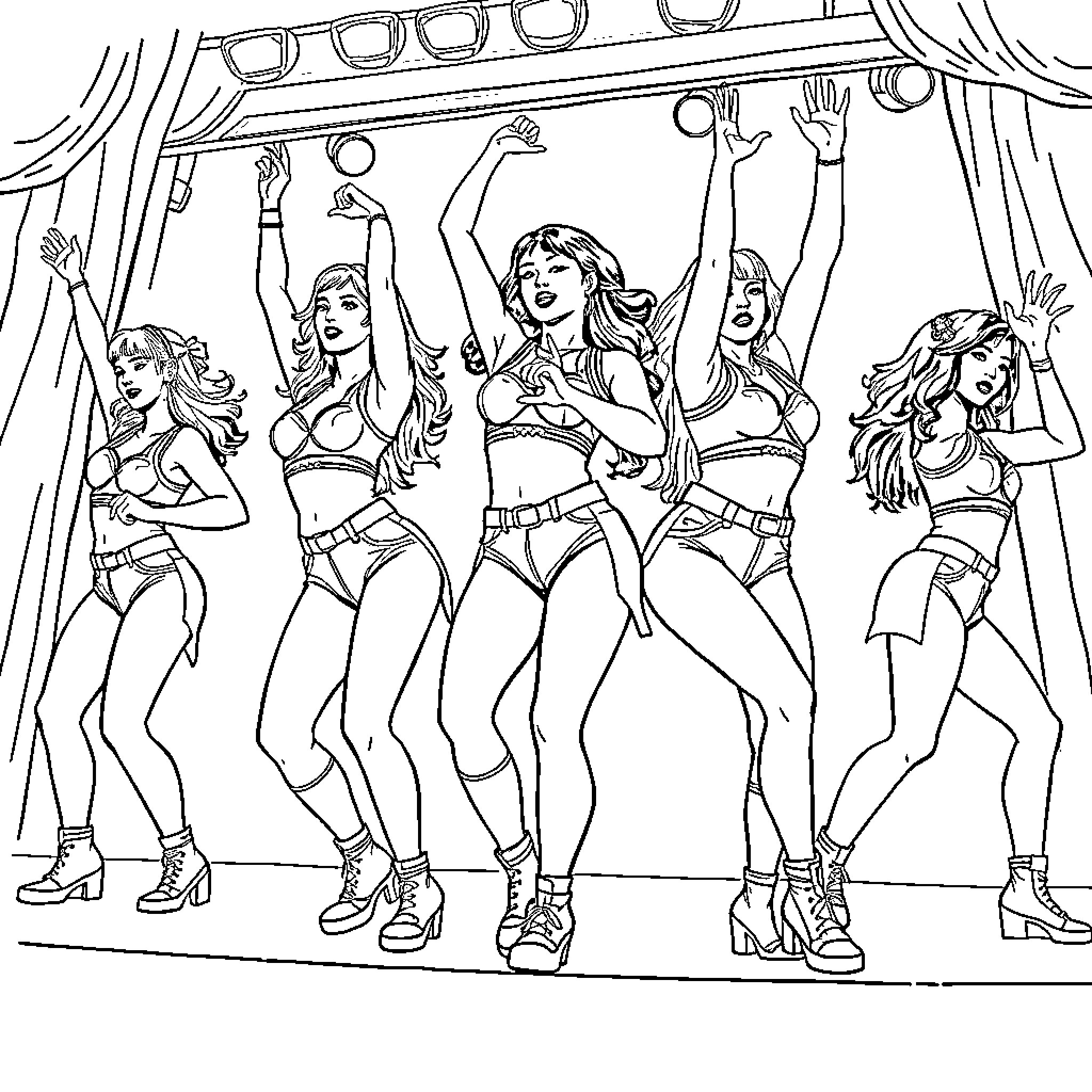 Kpop Warrior Performers on Stage Coloring Page (free black-and-white line drawing printable PDF for all, from beginners to advanced learners, including children, teens, adults, and seniors)
