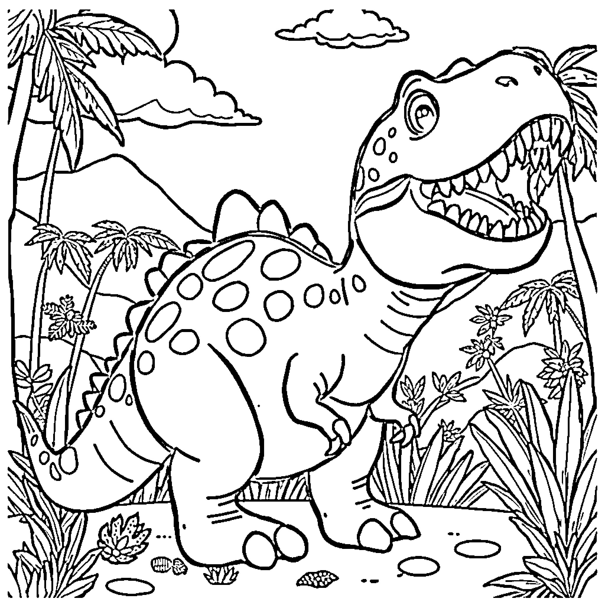 Comecocos Dinosaur in Prehistoric Scene Coloring Page (free black-and-white line drawing printable PDF for all, from beginners to advanced learners, including children, teens, adults, and seniors)
