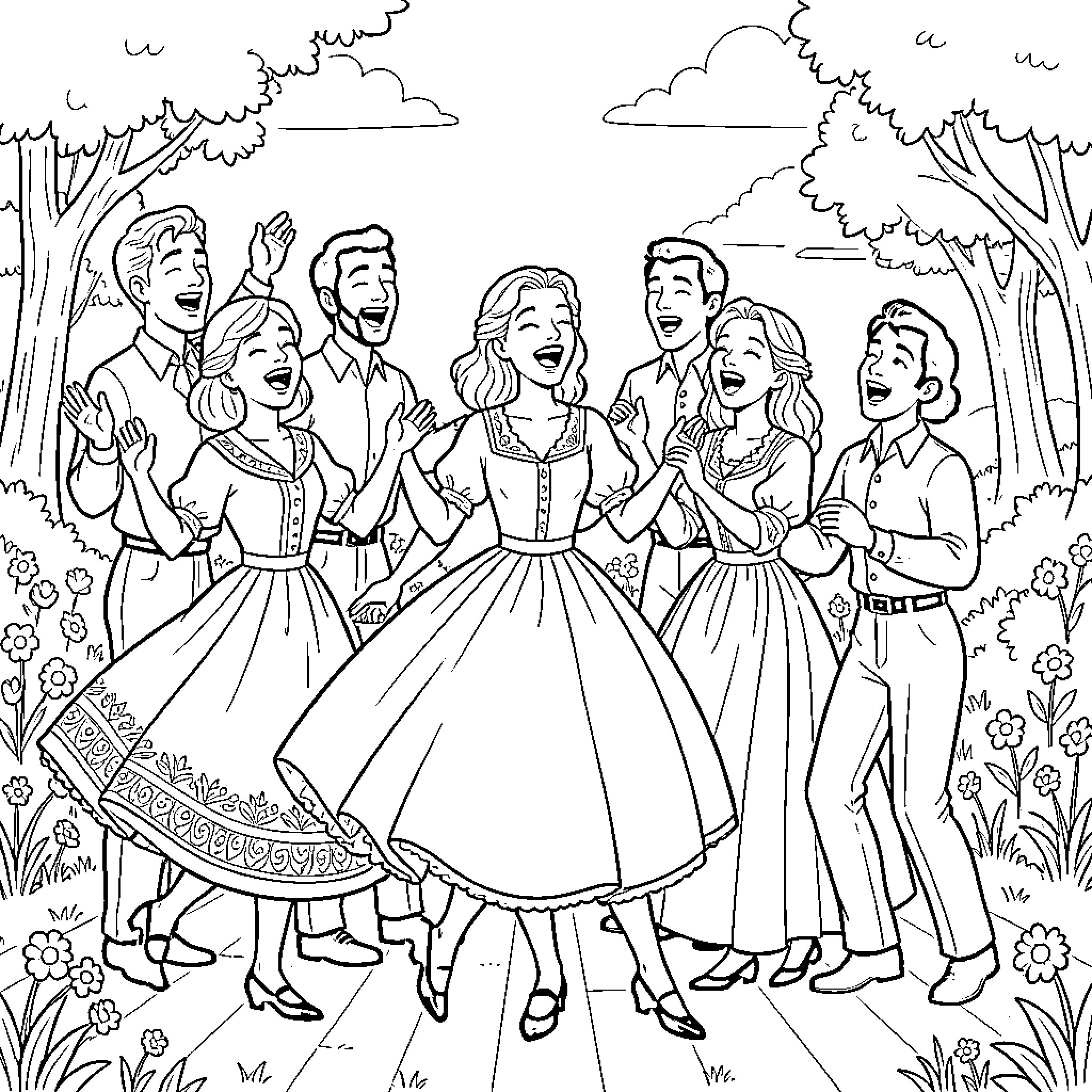 Sound of Music: Joyful singing and dancing in the park Coloring Page (free black-and-white line drawing printable PDF for all, from beginners to advanced learners, including children, teens, adults, and seniors)