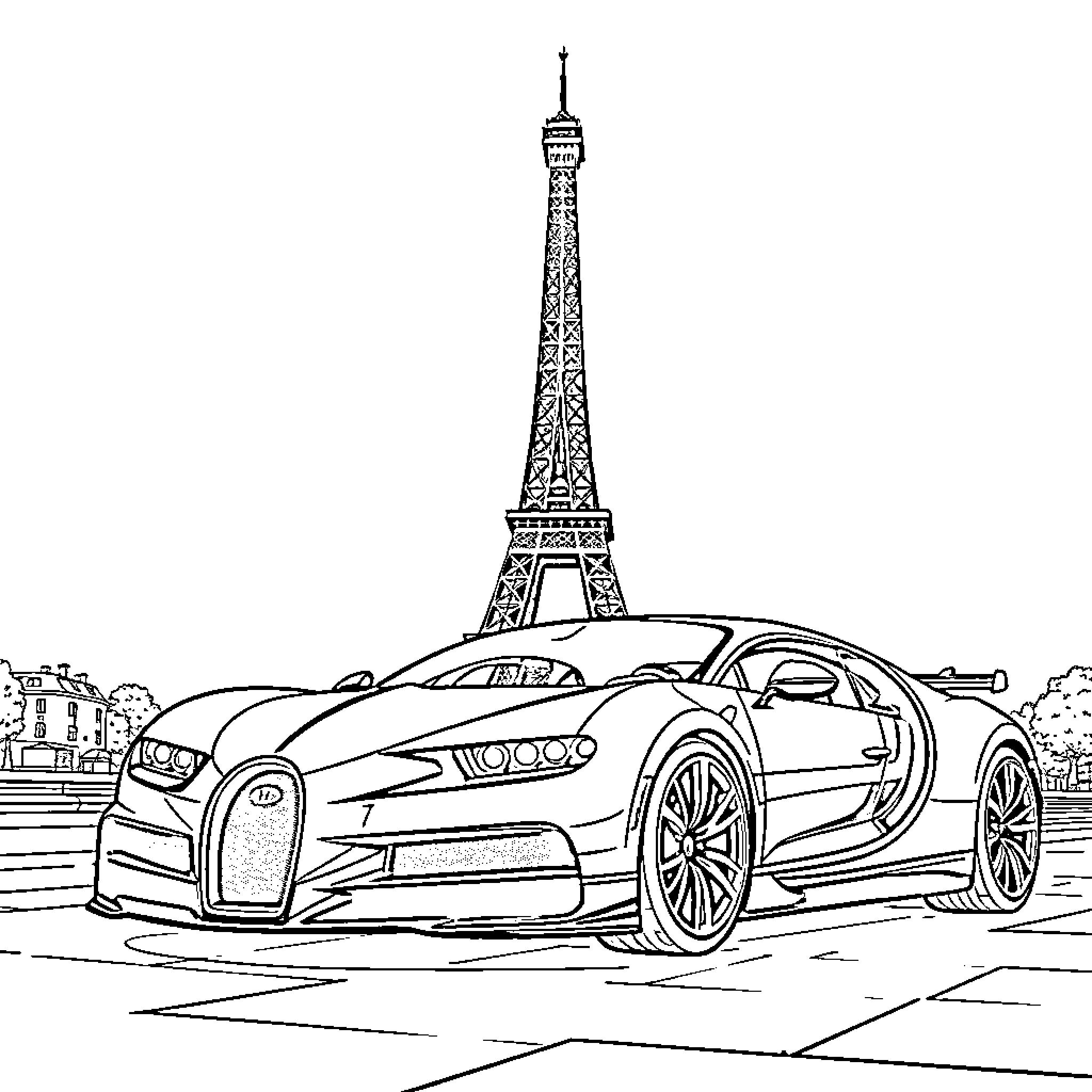 Bugatti supercar parked in front of Eiffel Tower Coloring Page (free black-and-white line drawing printable PDF for all, from beginners to advanced learners, including children, teens, adults, and seniors)