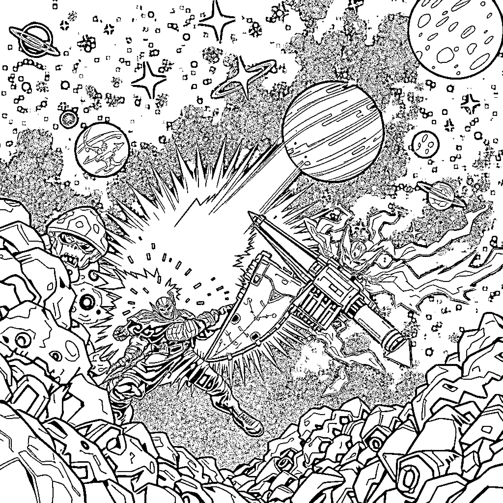 Galaxy of Cosmic Exploration and Extraterrestrial Adventure Coloring Page (free black-and-white line drawing printable PDF for all, from beginners to advanced learners, including children, teens, adults, and seniors)