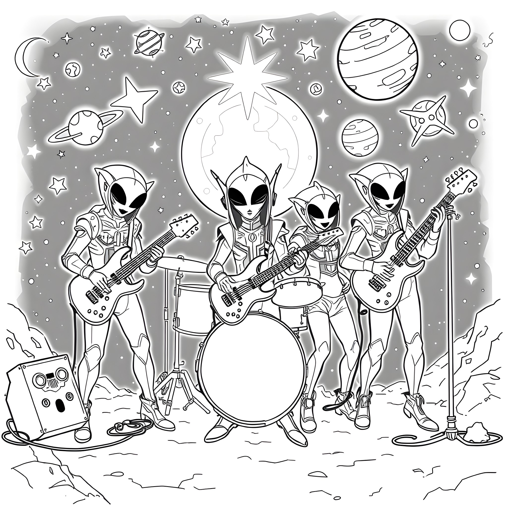 Band of Alien Musicians Performing in Outer Space Coloring Page (free black-and-white line drawing printable PDF for all, from beginners to advanced learners, including children, teens, adults, and seniors)