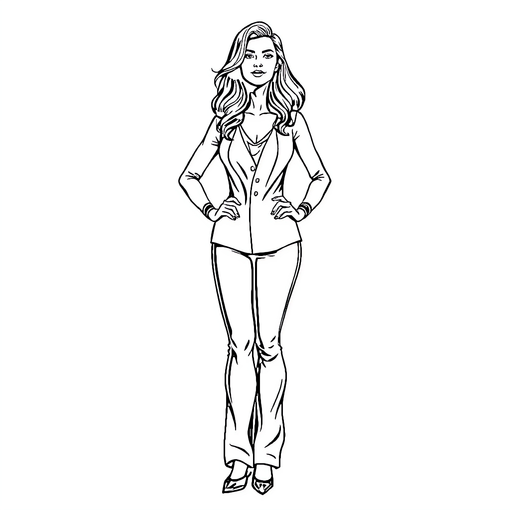 Woman in smart business attire posing confidently Coloring Page (free black-and-white line drawing printable PDF for all, from beginners to advanced learners, including children, teens, adults, and seniors)
