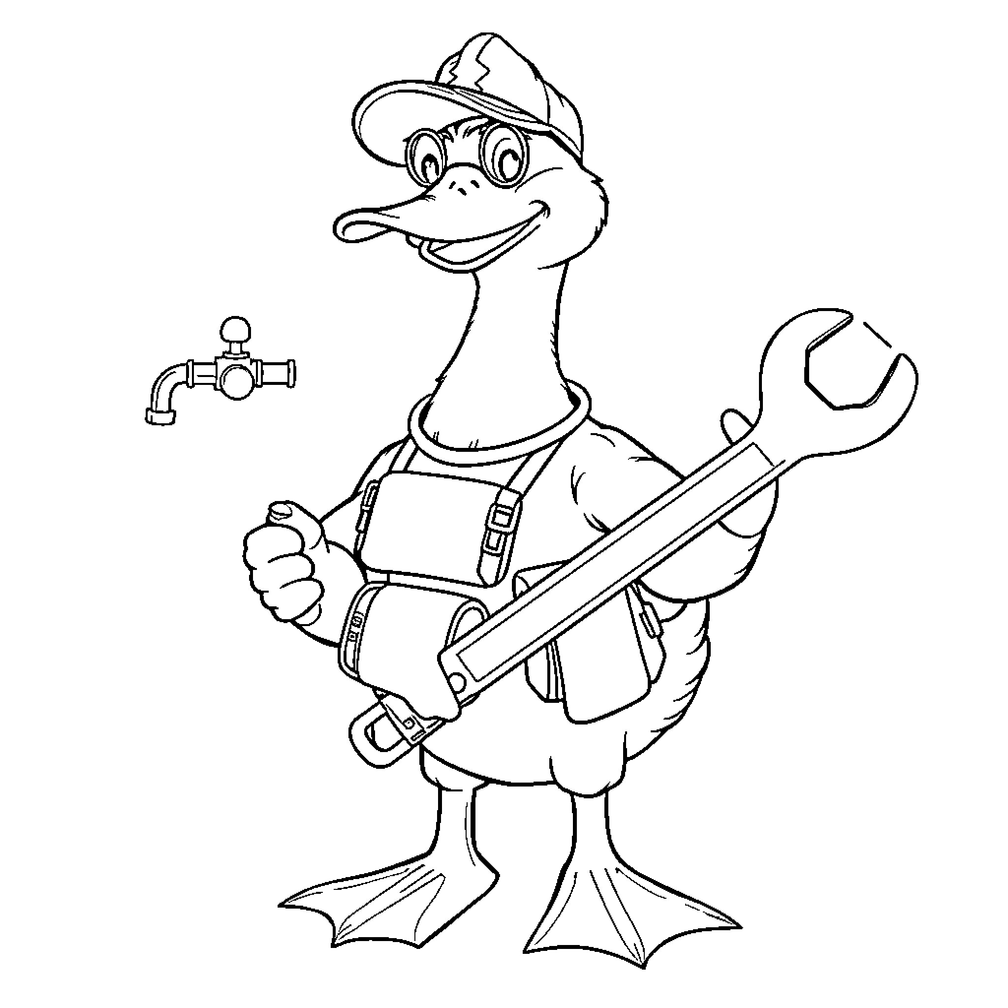 Duck handyman in repair outfit with tools Coloring Page (free black-and-white line drawing printable PDF for all, from beginners to advanced learners, including children, teens, adults, and seniors)